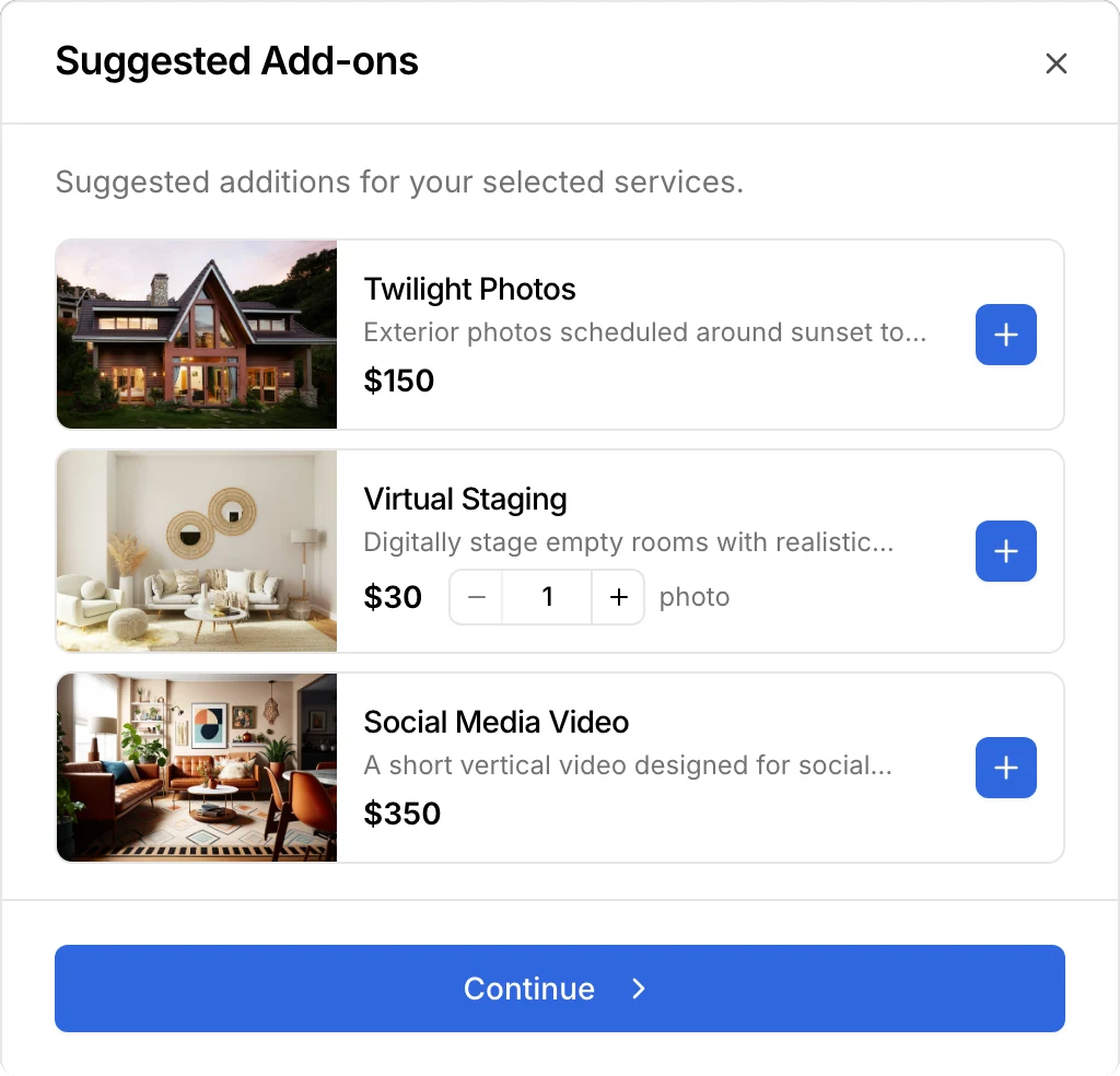 Suggested add-ons: twilight photos, virtual staging priced per photo, and a social media video