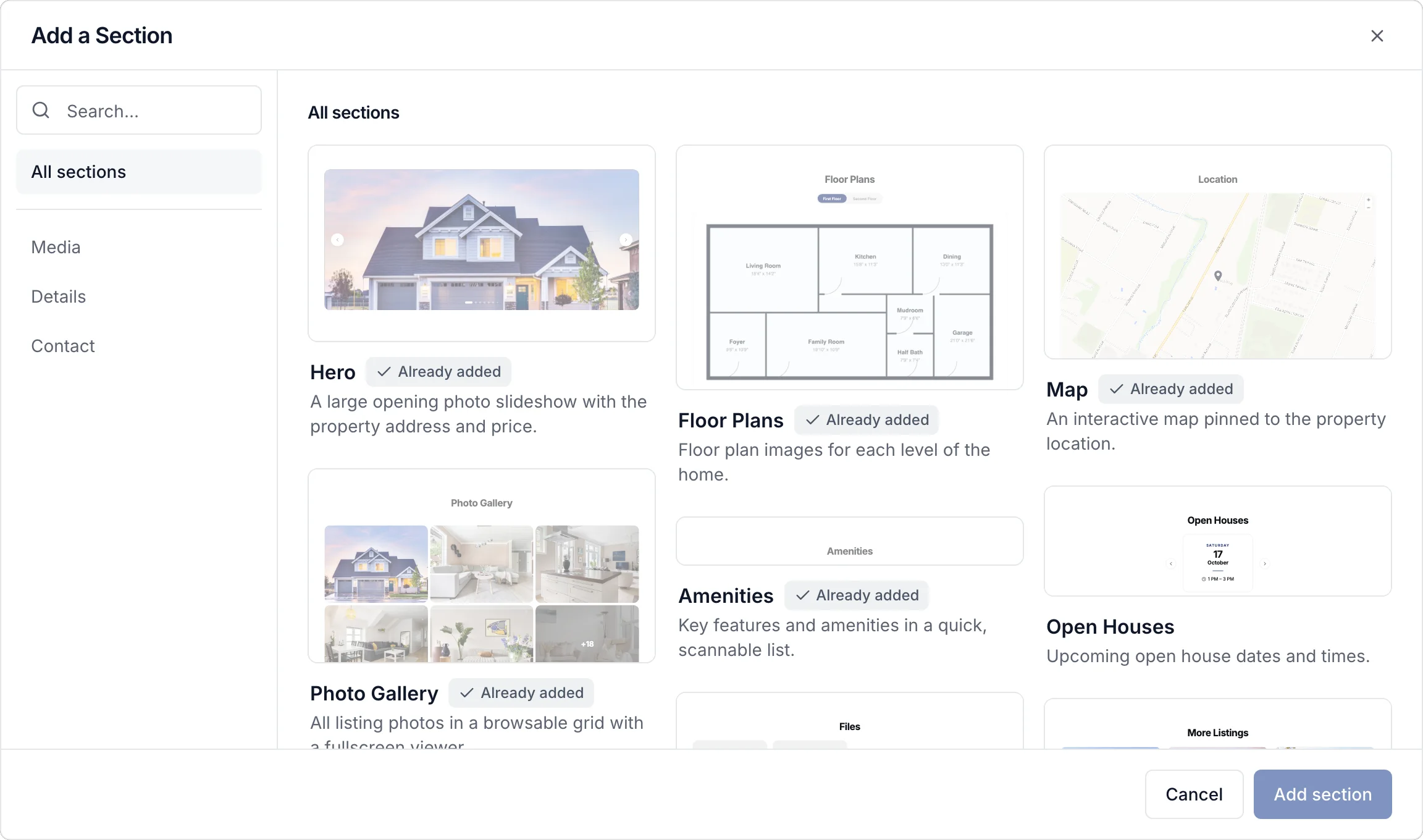 Add a Section: Hero, Floor Plans, Map, Photo Gallery, Amenities, Open Houses, Files, and More Listings