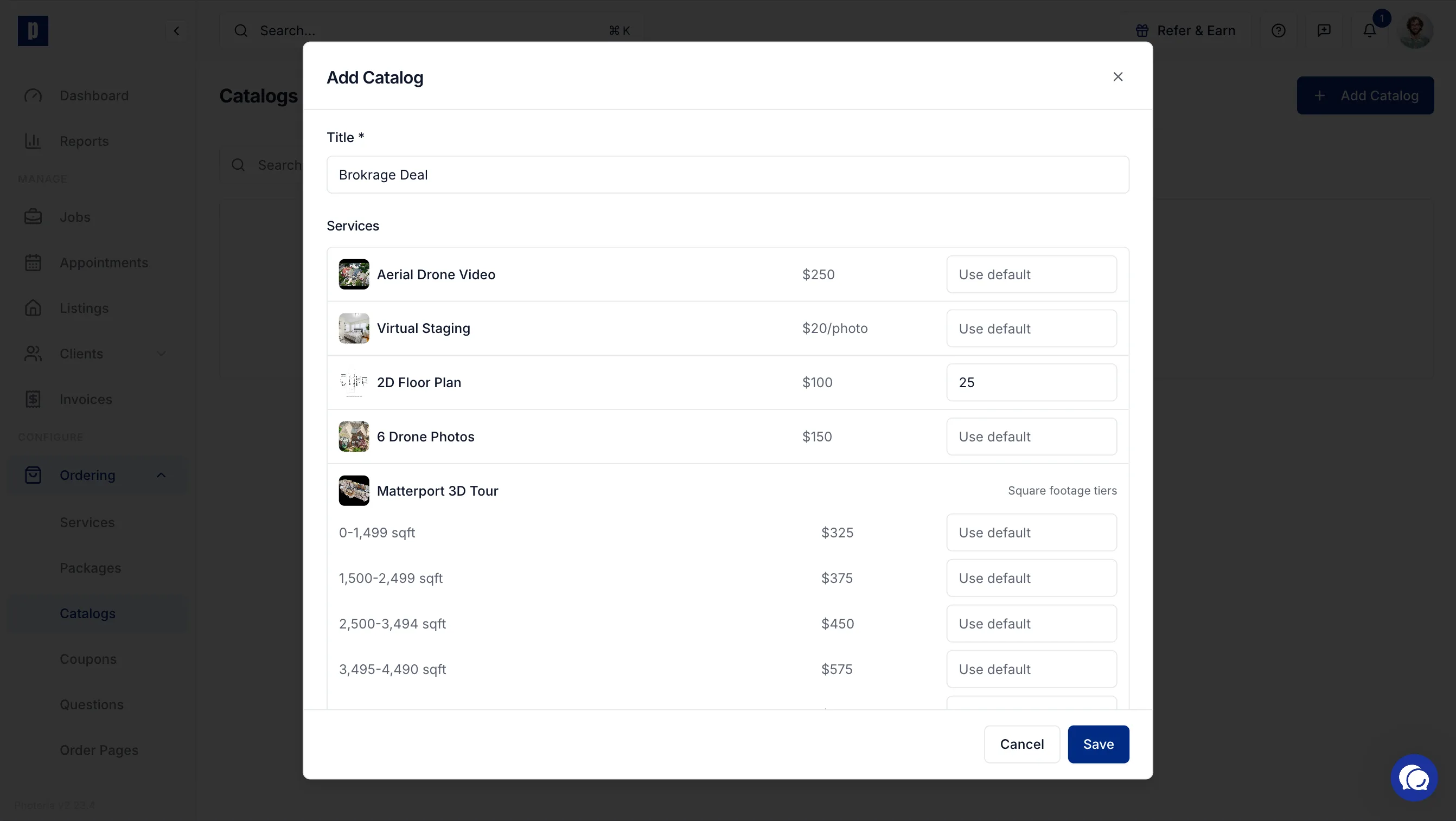Photeria admin dashboard setting up a custom pricing catalog