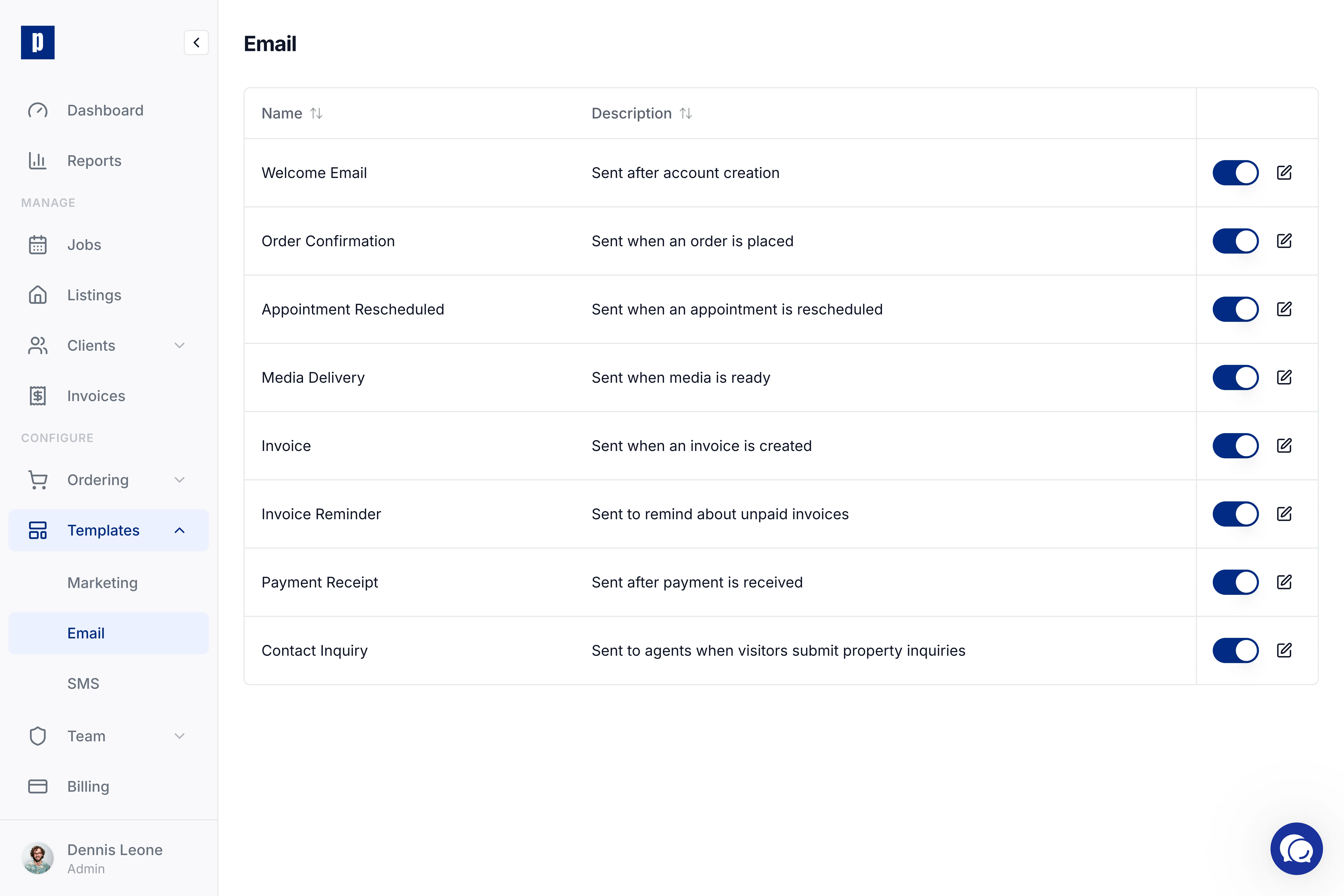 Photeria email templates page listing transactional emails like welcome, order confirmation, and delivery