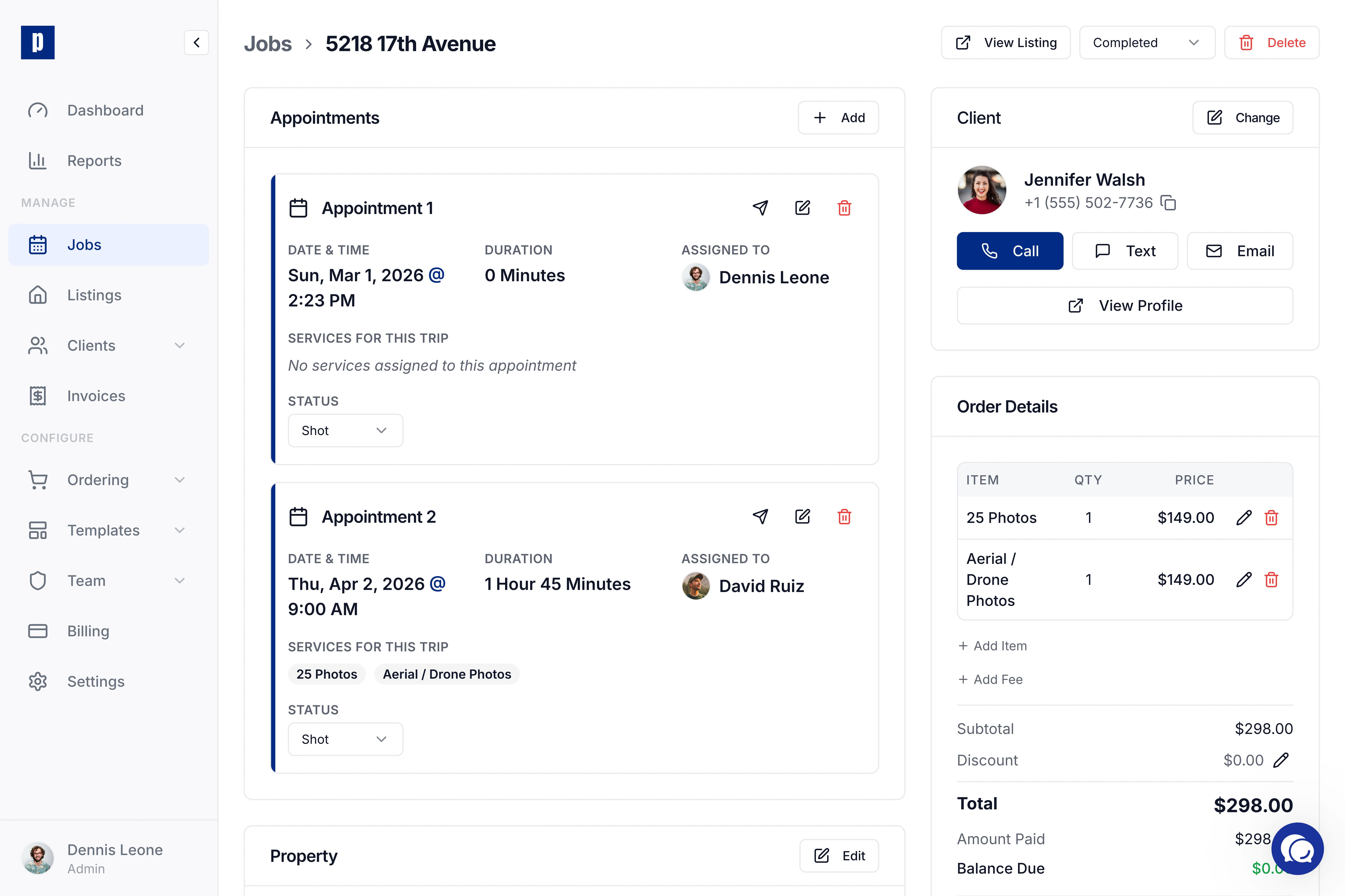Photeria job detail with two synced appointments showing Google Calendar team coordination