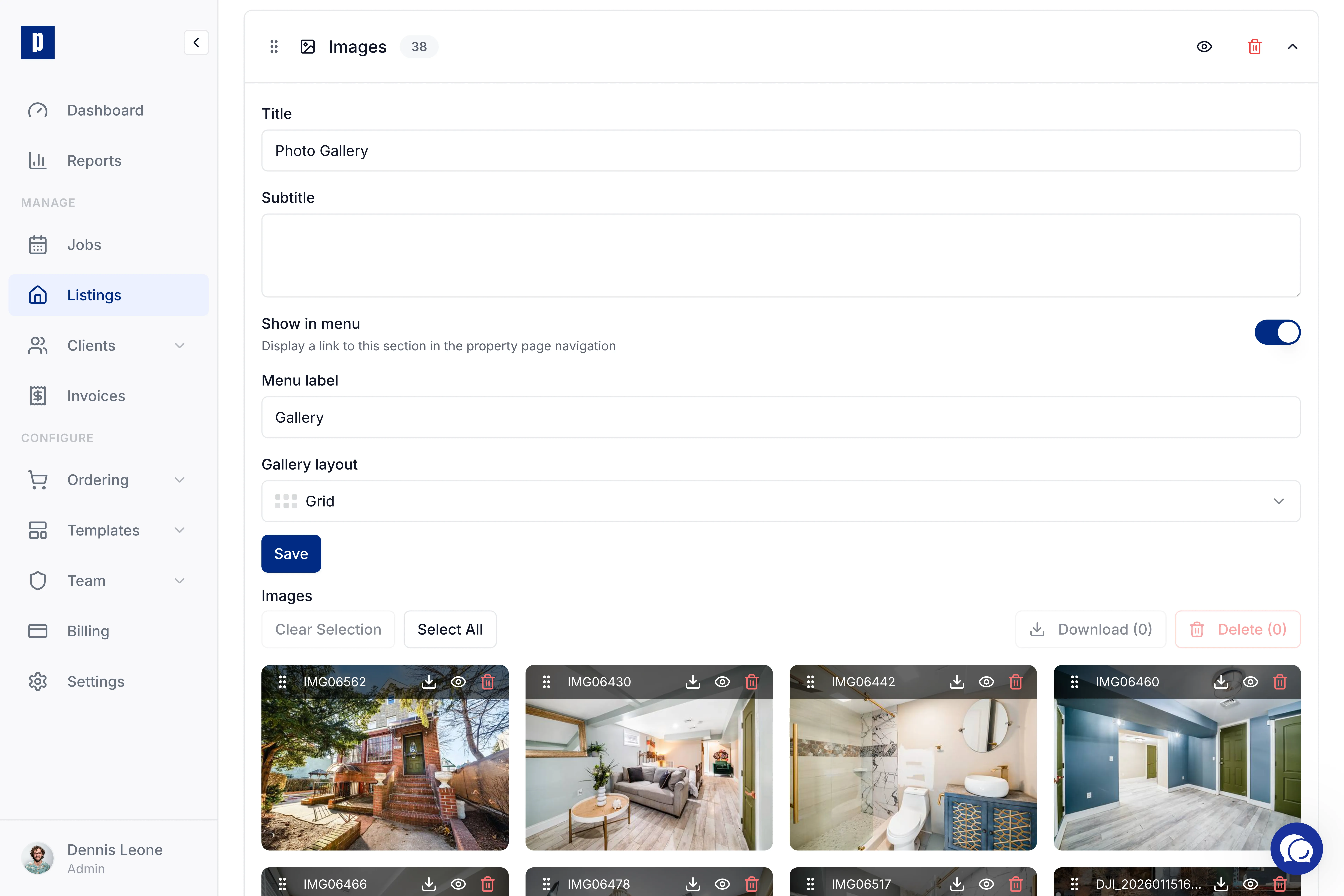 Photeria listing detail page with image gallery, drag-and-drop reordering, and visibility controls