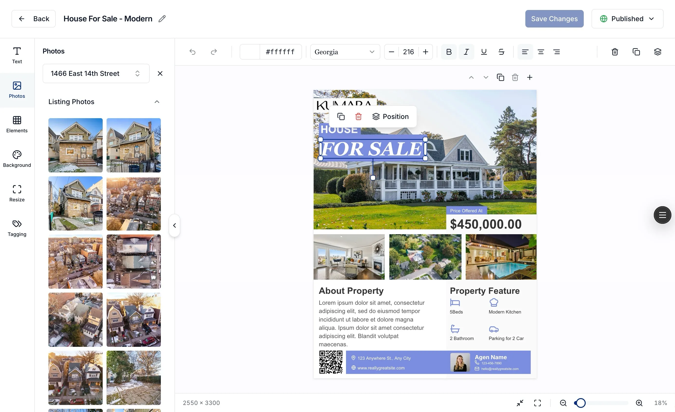 Photeria marketing design editor with property photo, listing details, and design toolbar