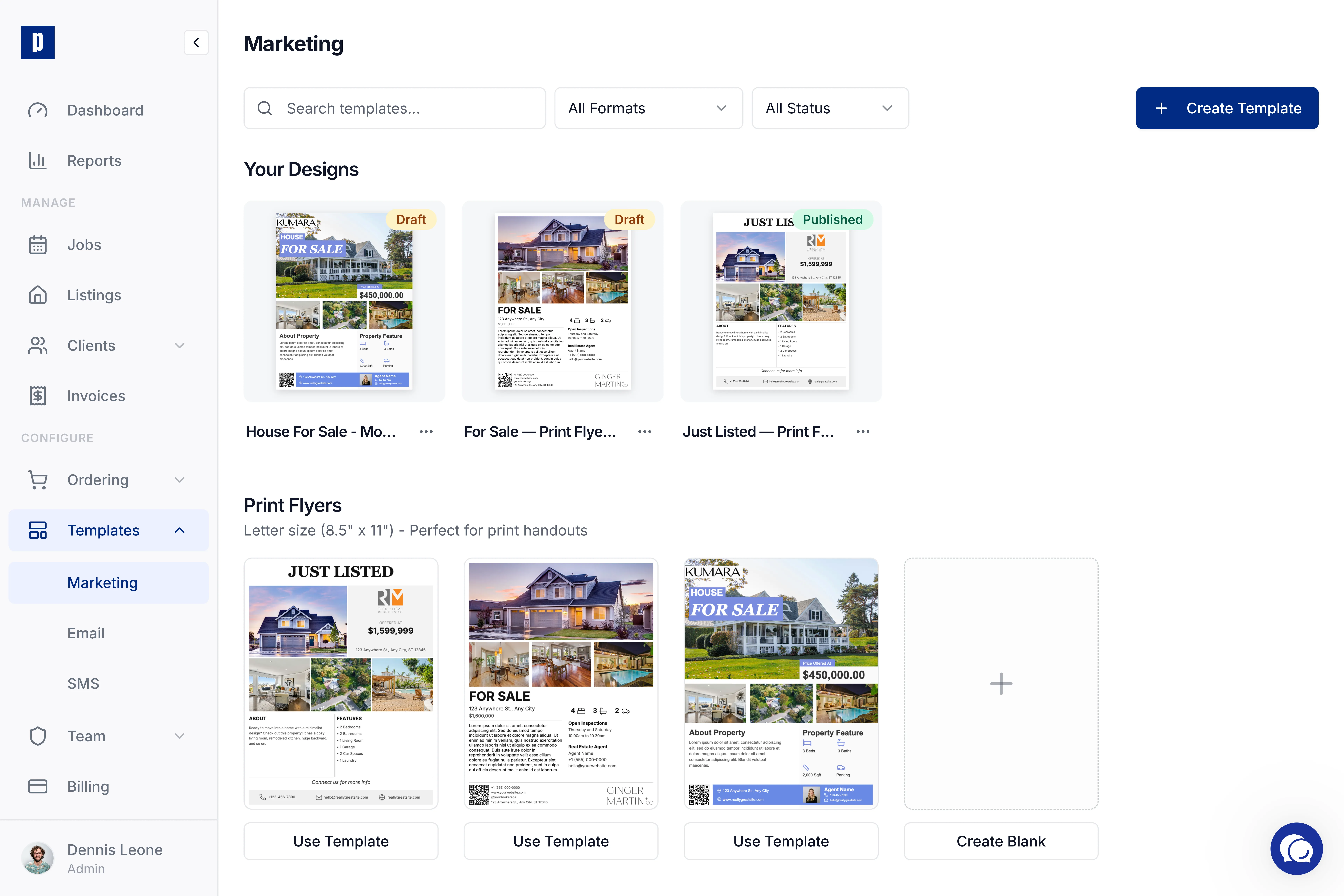 Photeria marketing materials page showing flyer and social post templates organized by format