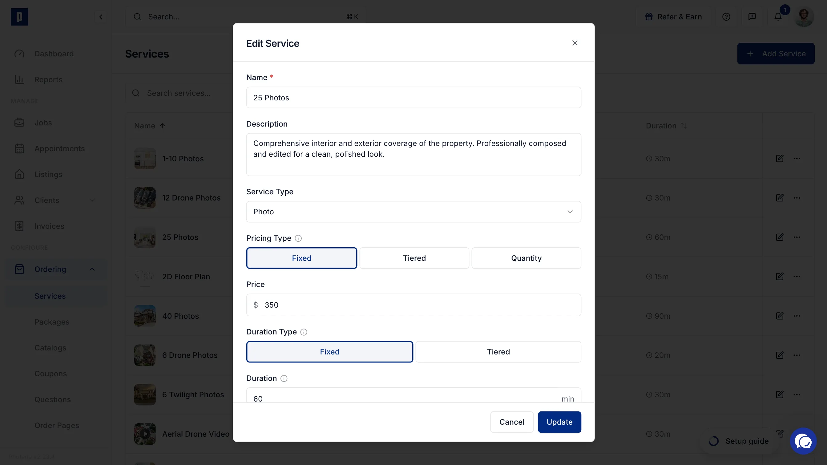 Photeria services setup with flexible pricing types and packages