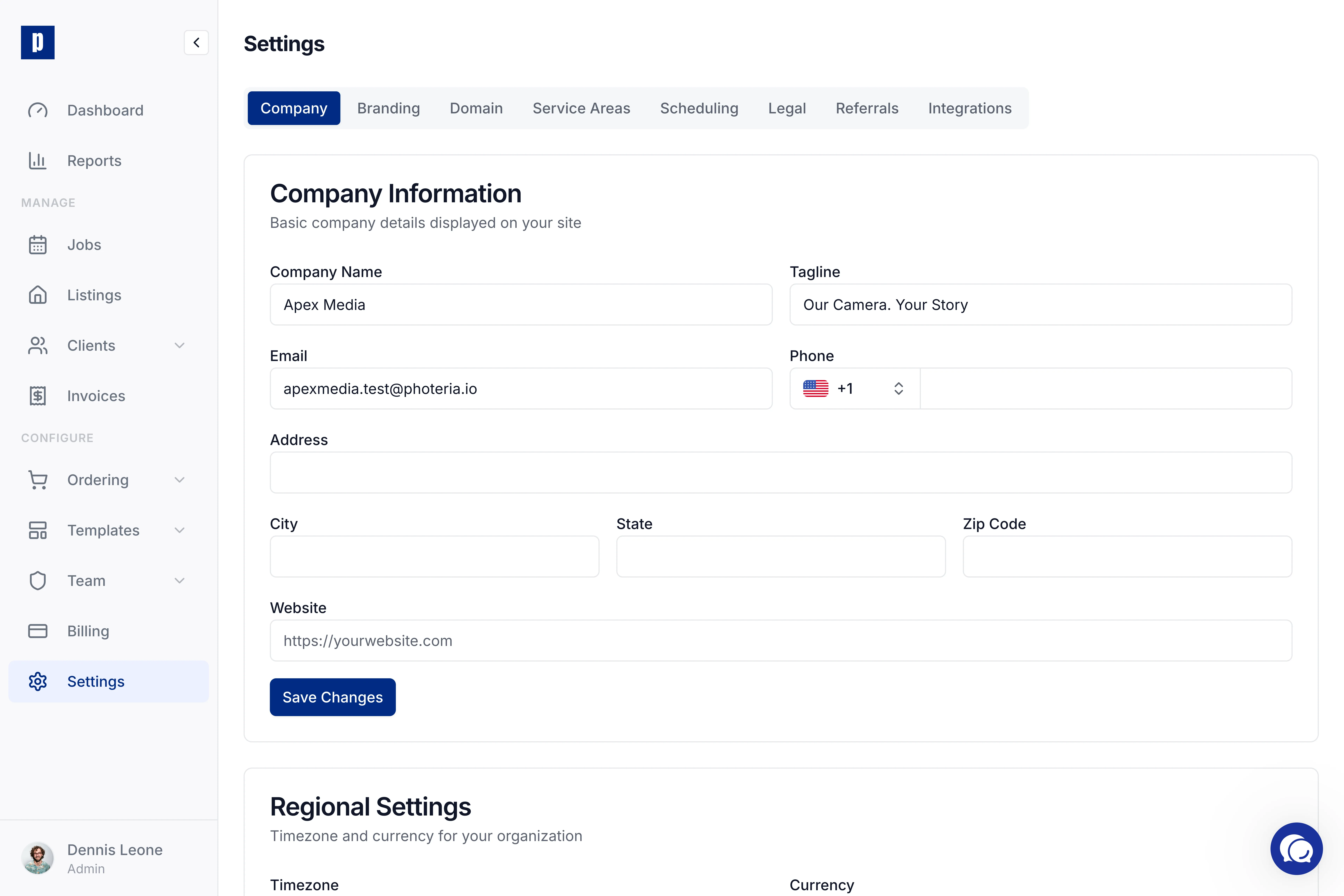 Photeria settings page showing domain configuration for portal, listings, and email sending
