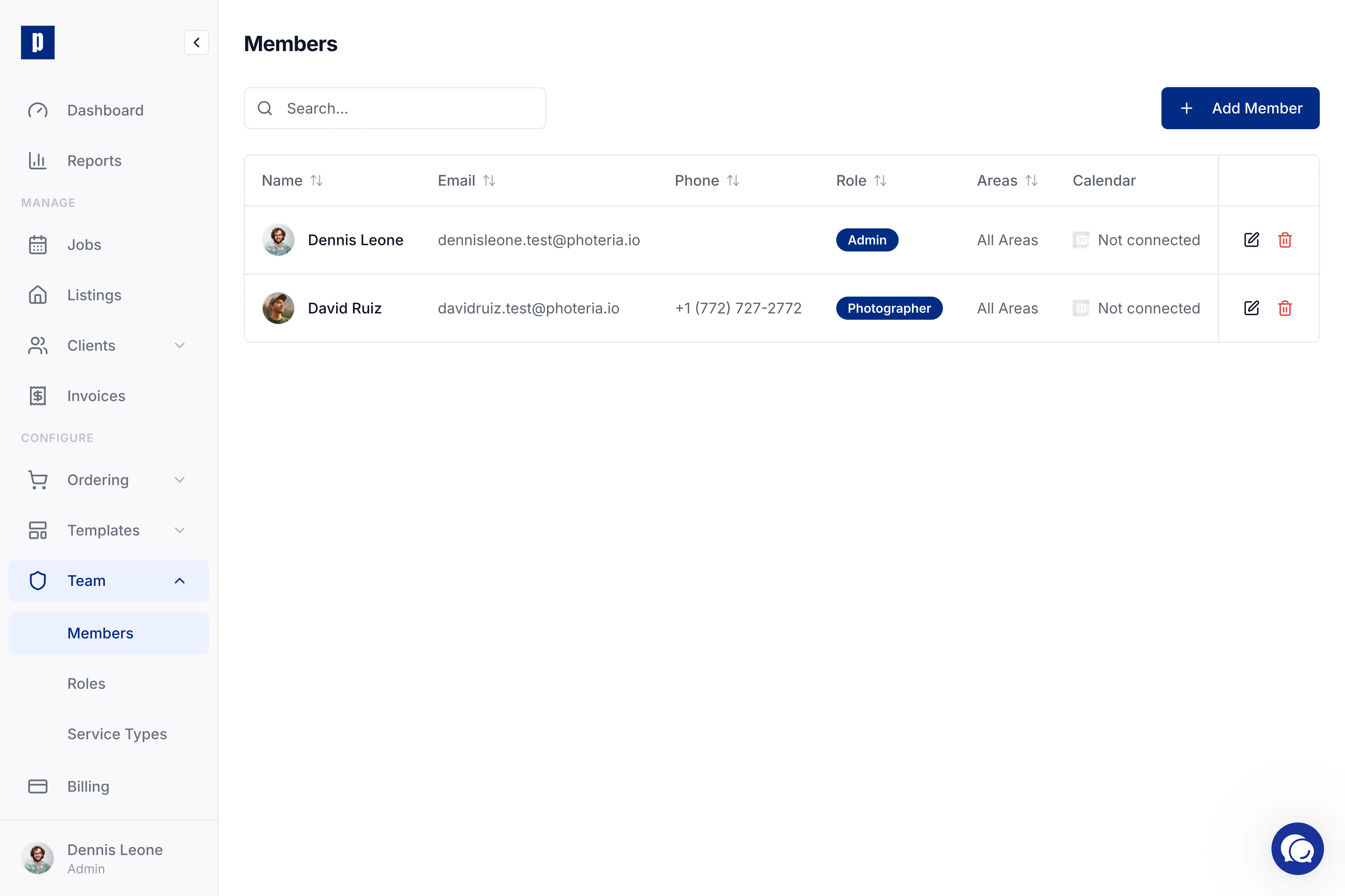 Photeria team members page with roles, service types, and service area assignments