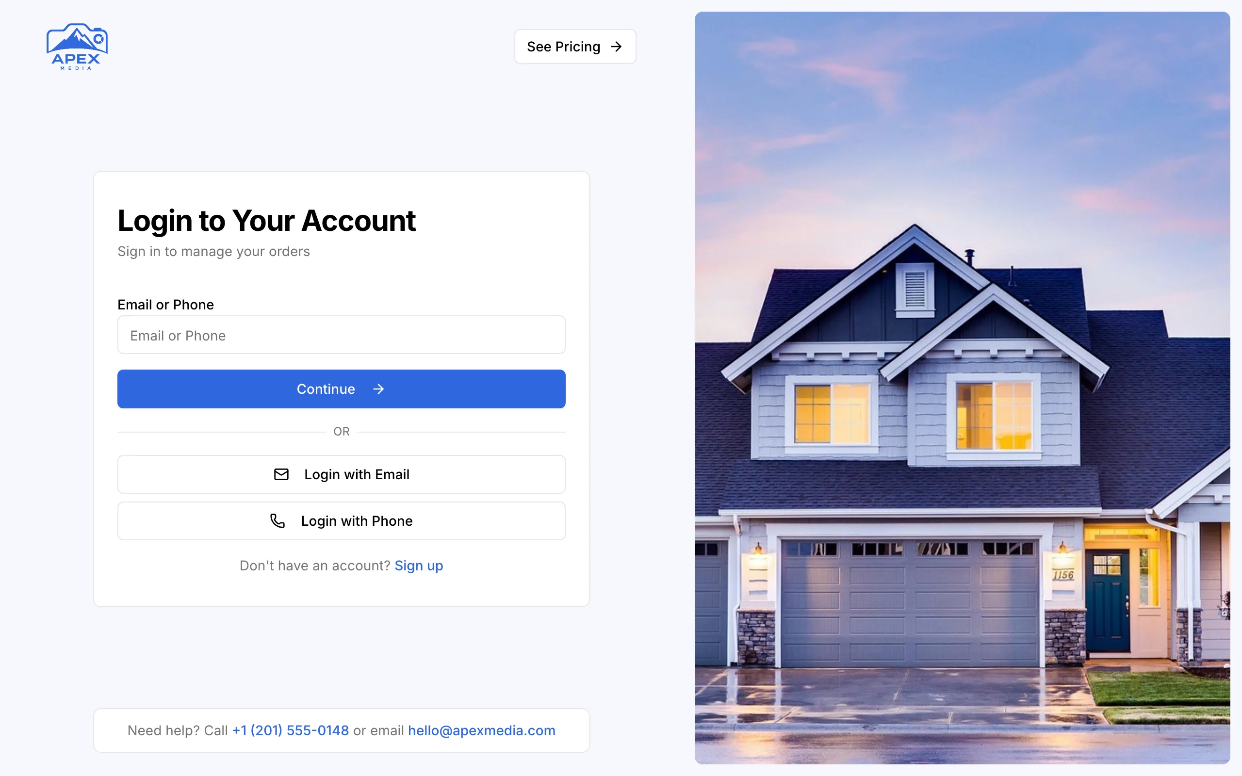 Apex Media's login page: blue buttons, rounded corners, and a photo of a house at dusk beside the form
