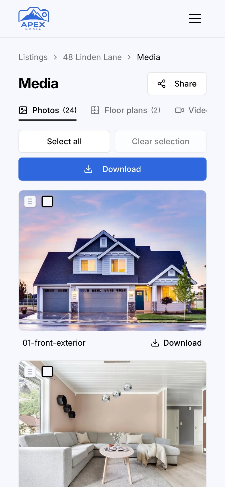 48 Linden Lane's photos on a phone, under Apex Media's logo, with a blue Download button