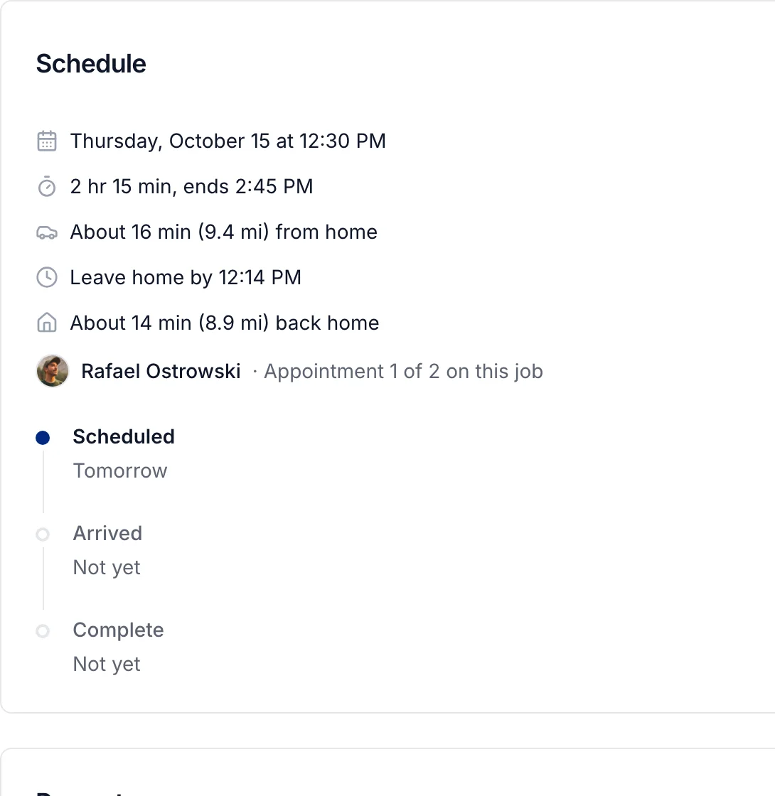 An appointment: about 16 minutes from home, leave home by 12:14 PM, about 14 minutes back home