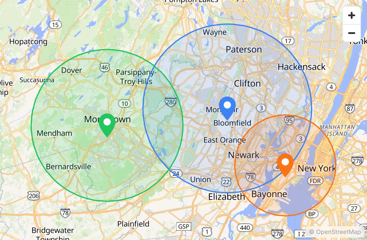Three service areas on the map: Essex County around Montclair, Morris County around Morristown, and Hudson County around Jersey City