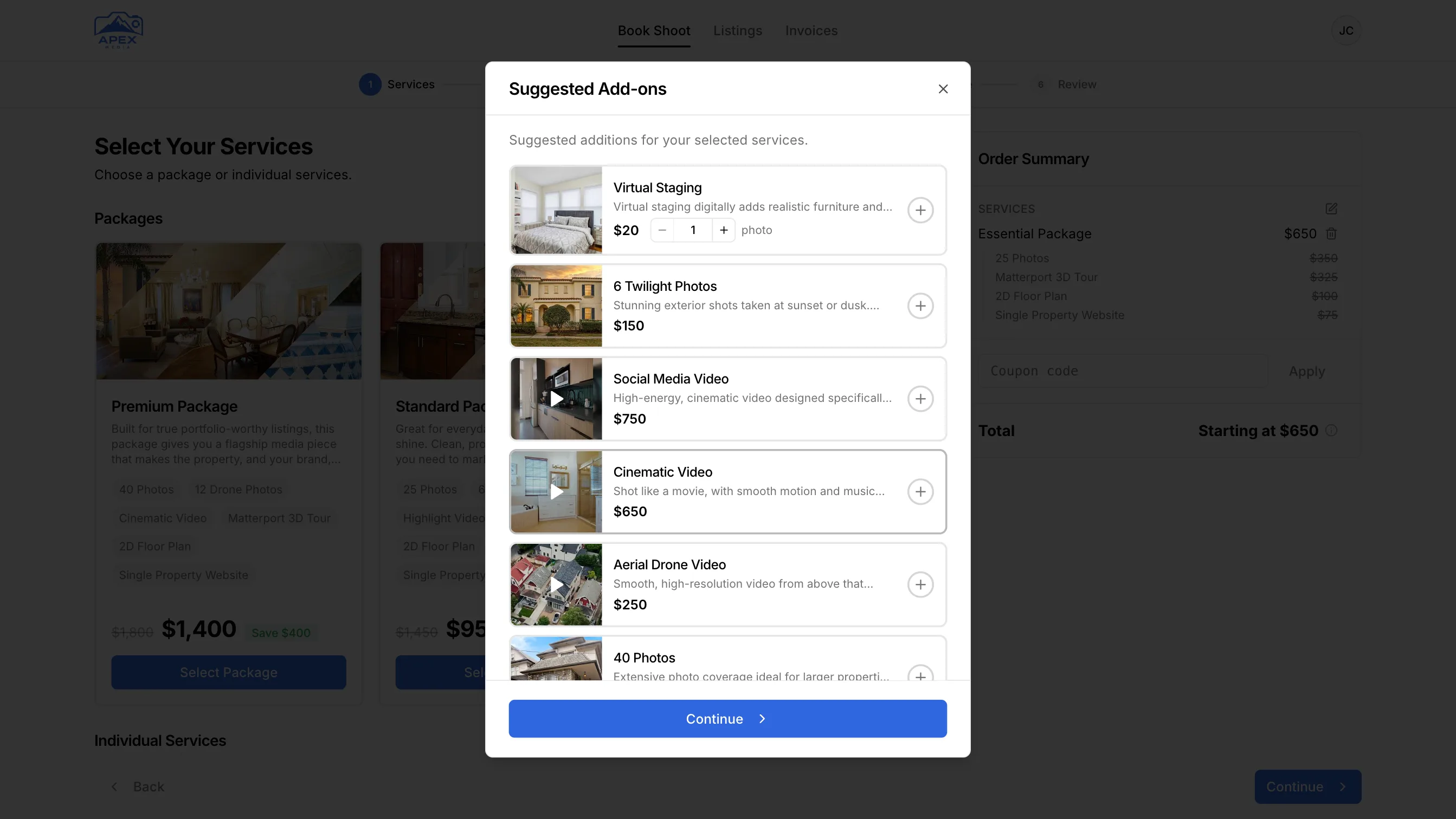 Photeria booking page showing recommended add-ons popup