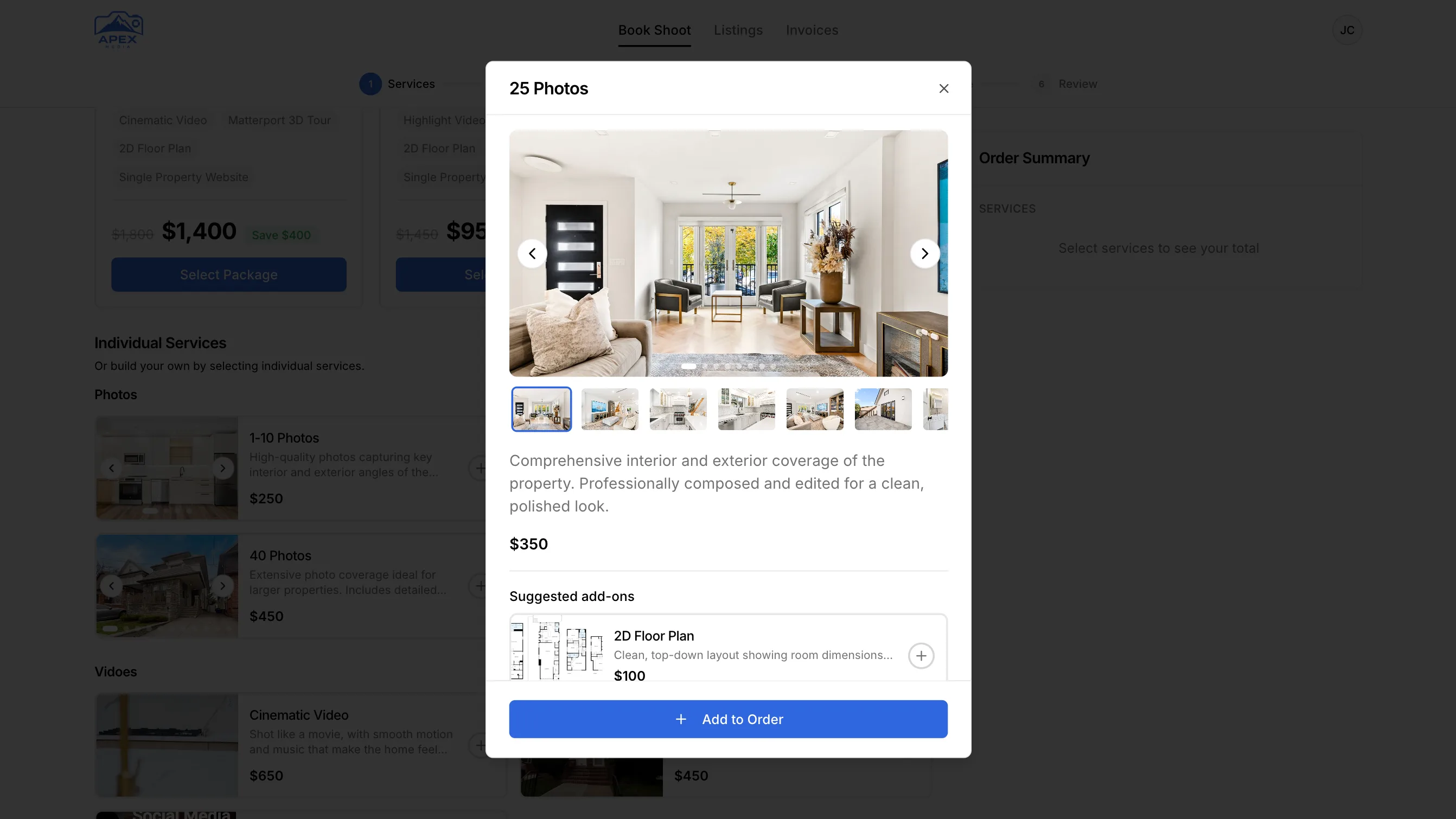 Photeria service summary on the booking page showing service gallery with sample photos