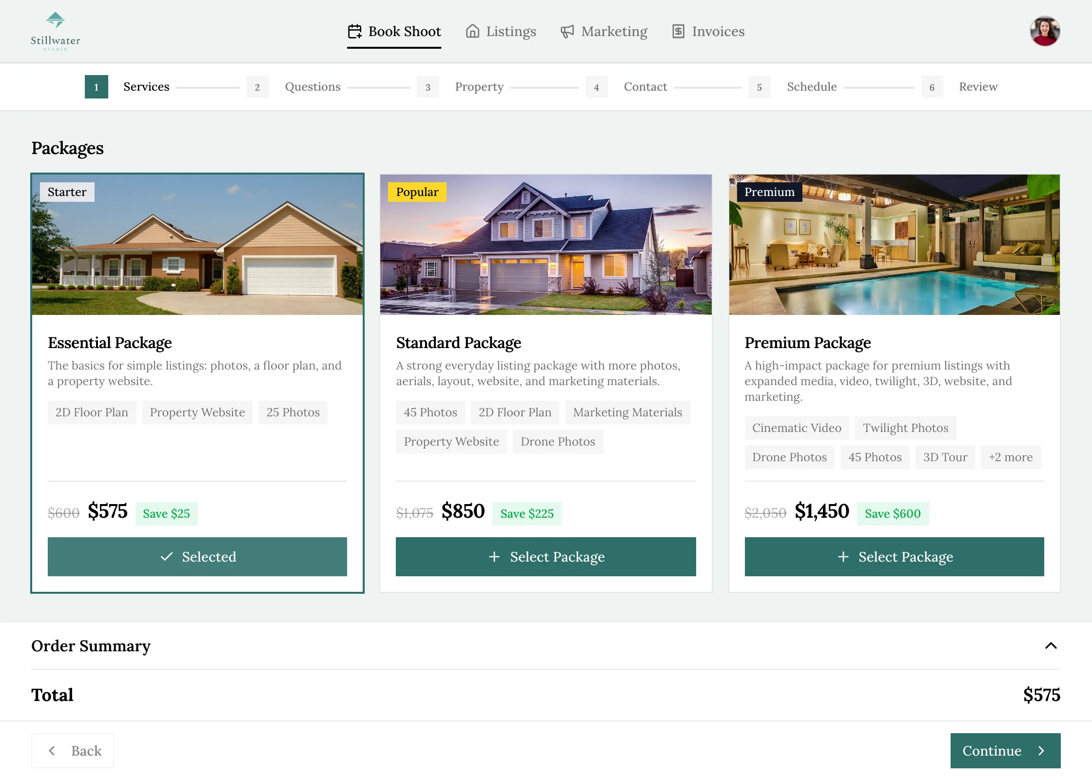 The same order page for Stillwater Studio: teal, square corners, serif font, a pale green background