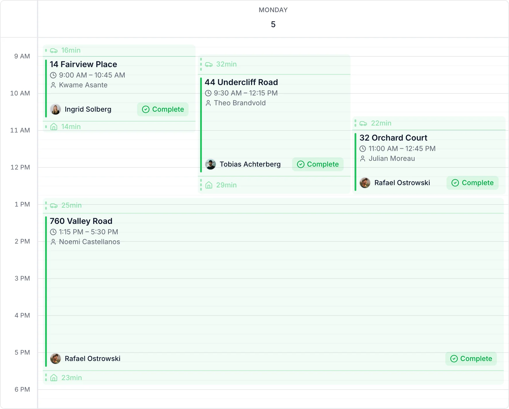 Monday on the team calendar: four appointments across three photographers, with the drive time before and after each one
