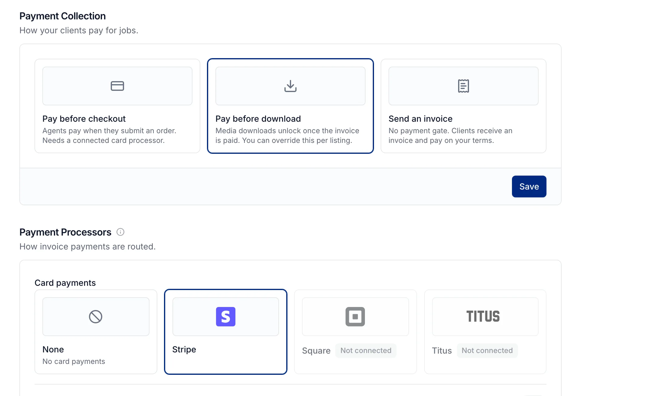 Payment Collection set to Pay before download, and Stripe chosen for card payments