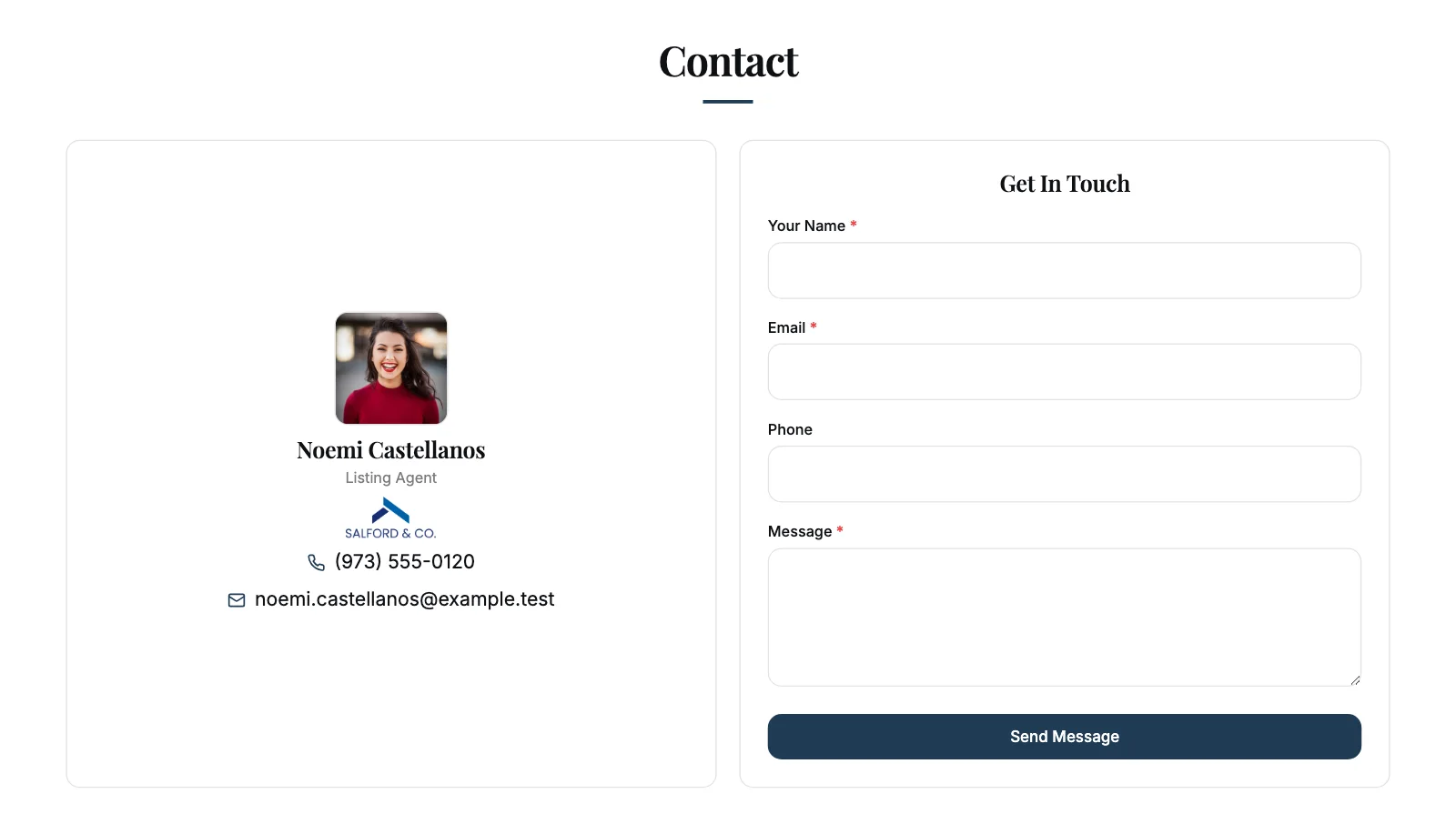 The contact section: Noemi Castellanos's photo, phone, and email beside the Get In Touch form