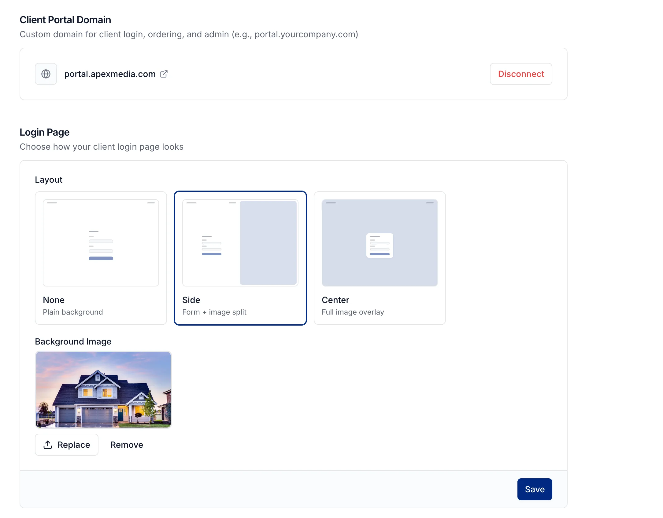 Settings, Client portal: the connected domain portal.apexmedia.com, and the login page layouts
