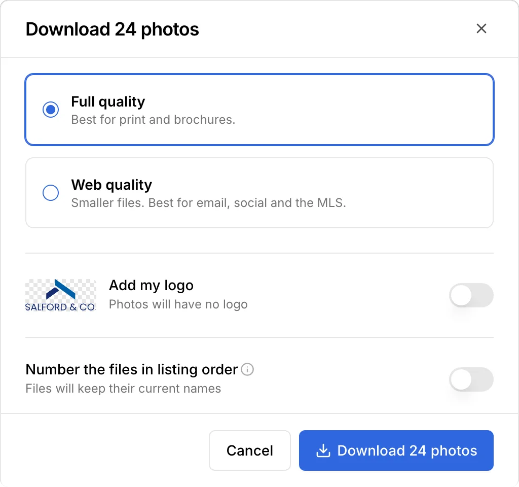 Download 24 photos: full quality or web quality, add my logo, and number the files in listing order
