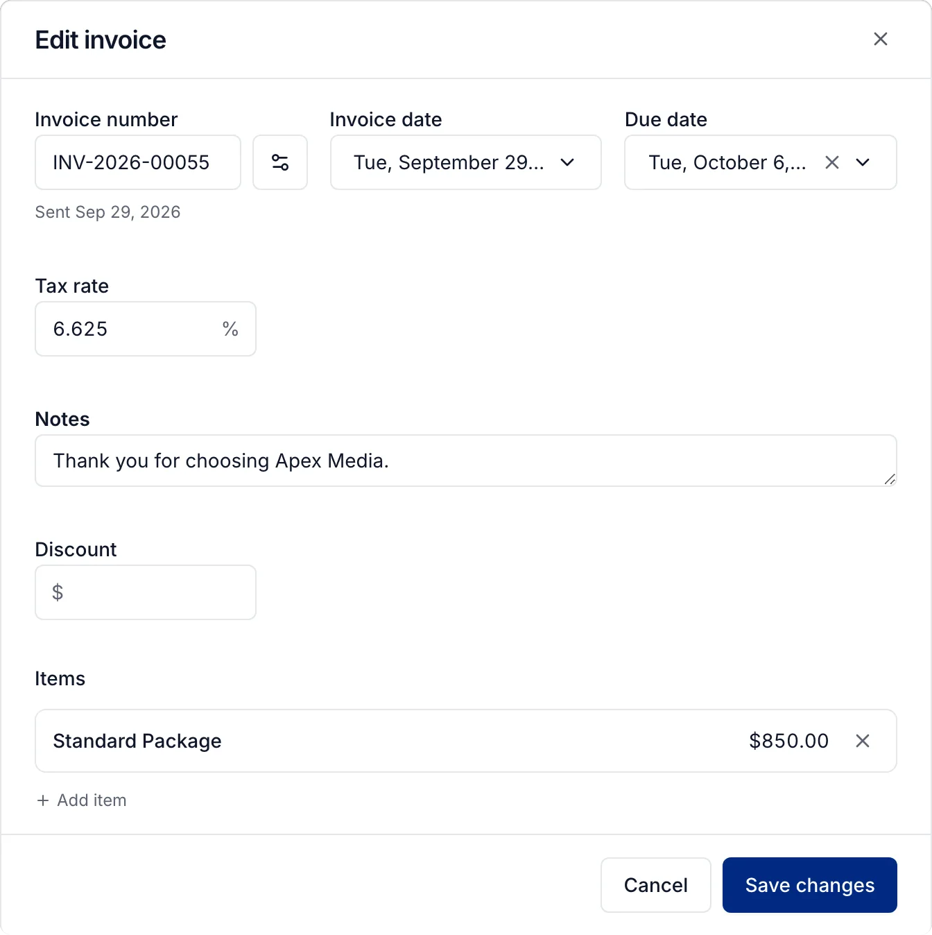 Edit invoice: the invoice number, dates, a 6.625% tax rate, notes, discount, and the Standard Package
