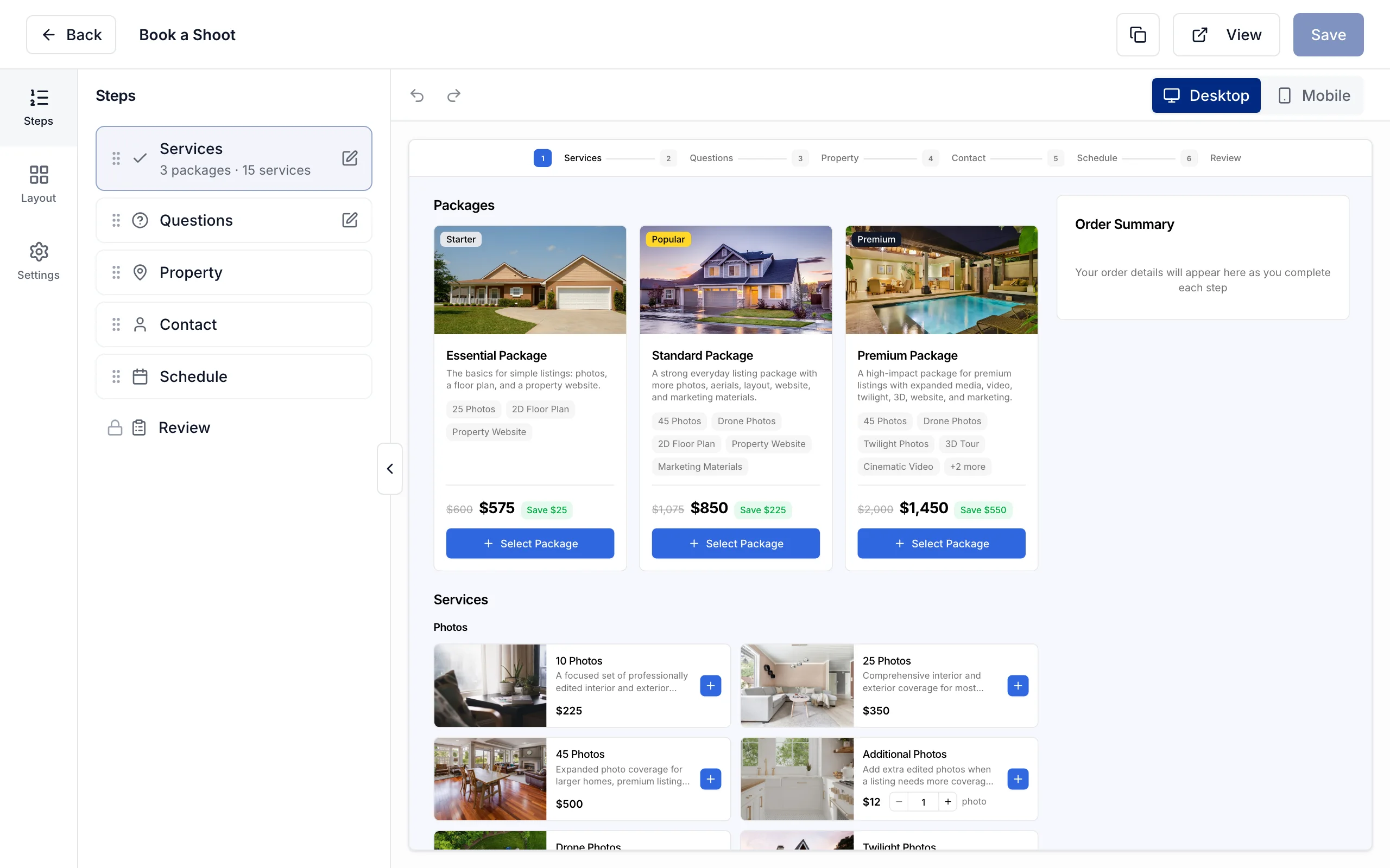 The Photeria order form editor with draggable checkout steps, layout controls, and a live preview of packages and services