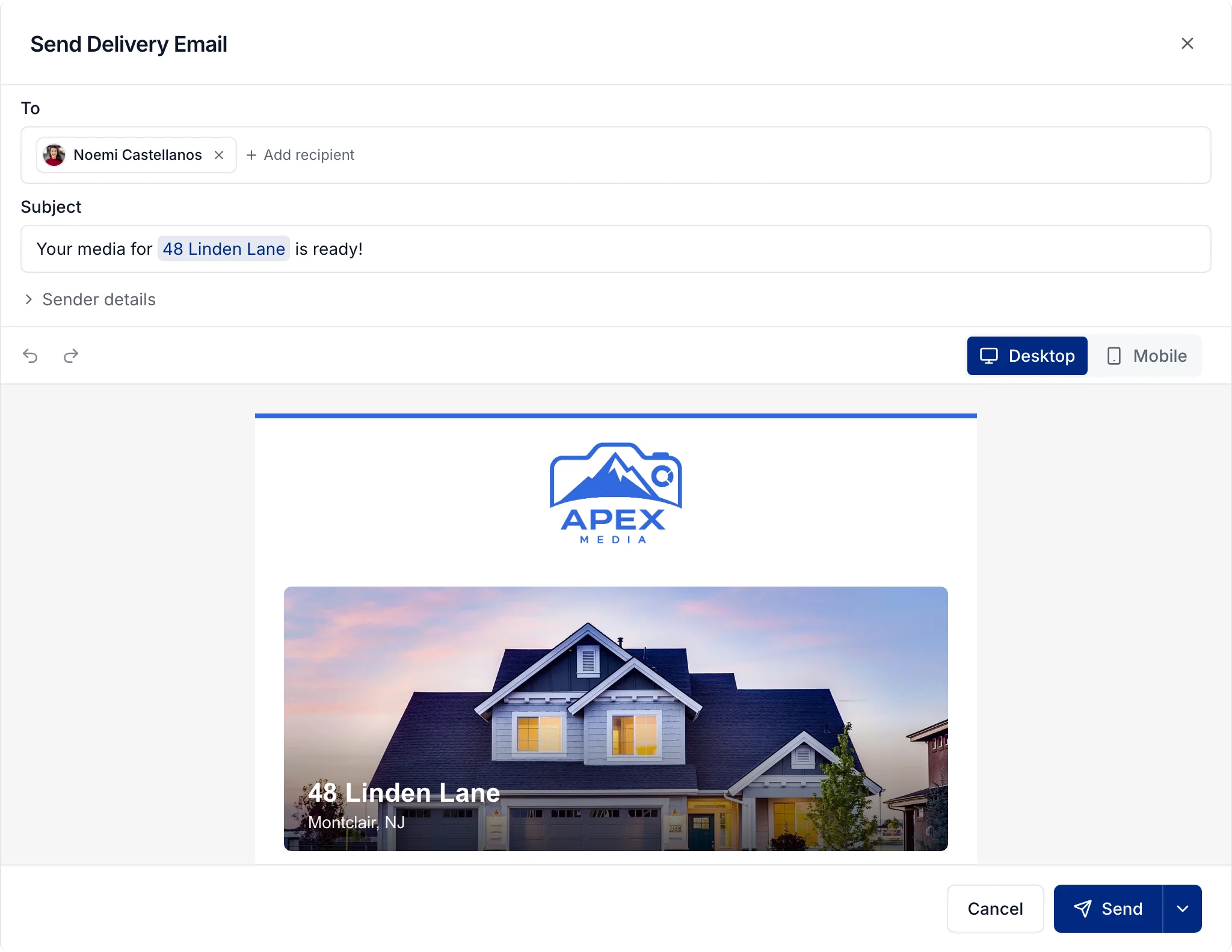 The delivery email ready to send to Noemi Castellanos: Your media for 48 Linden Lane is ready, with the Apex Media logo and the property photo