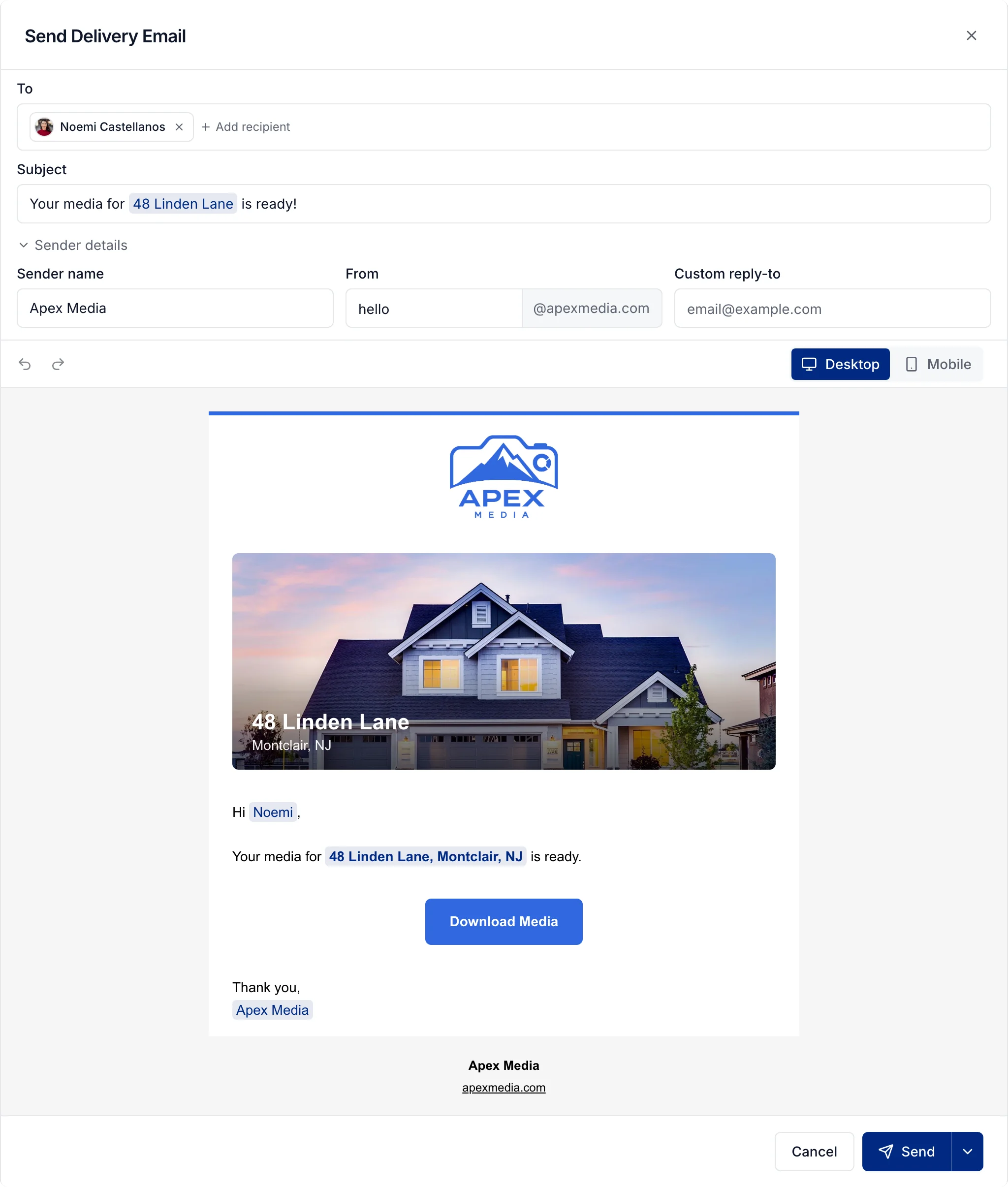 The delivery email for 48 Linden Lane, from Apex Media at hello@apexmedia.com, with Apex Media's logo and a blue Download Media button