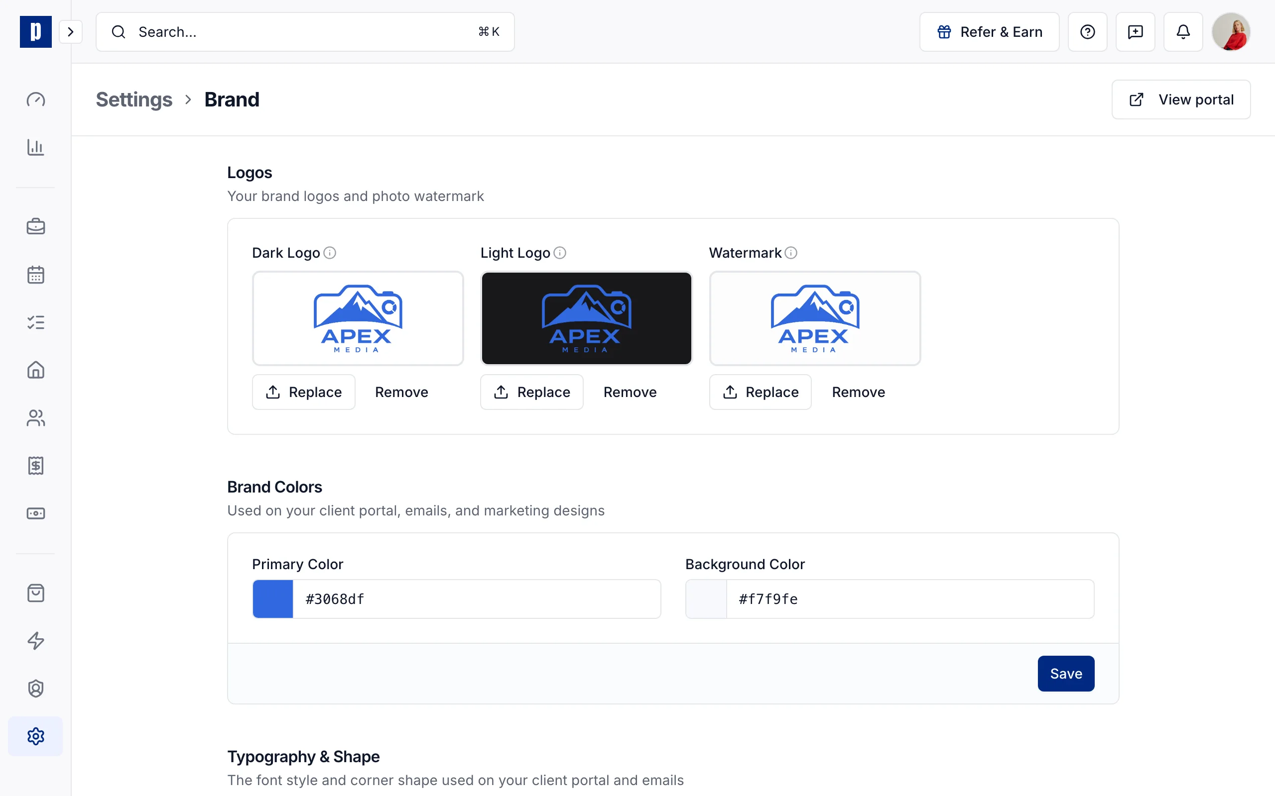 Settings, Brand: Apex Media's dark and light logos, its watermark, and its brand colors