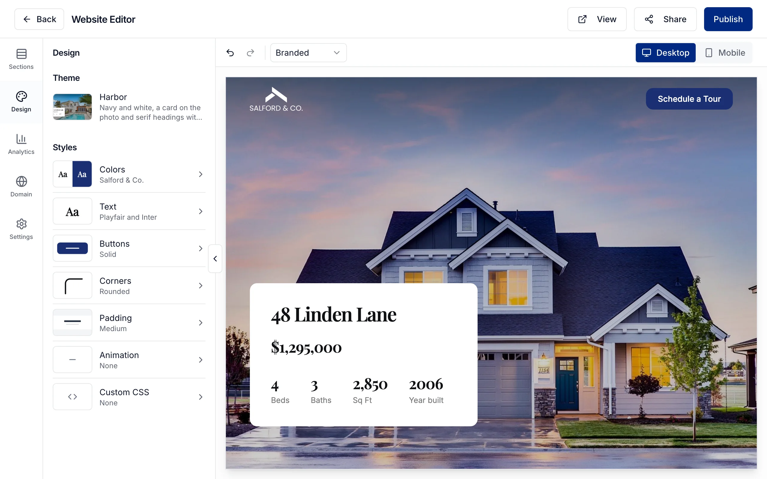 The website editor: 48 Linden Lane in the Harbor theme, with its colors, text, buttons, and corners beside it