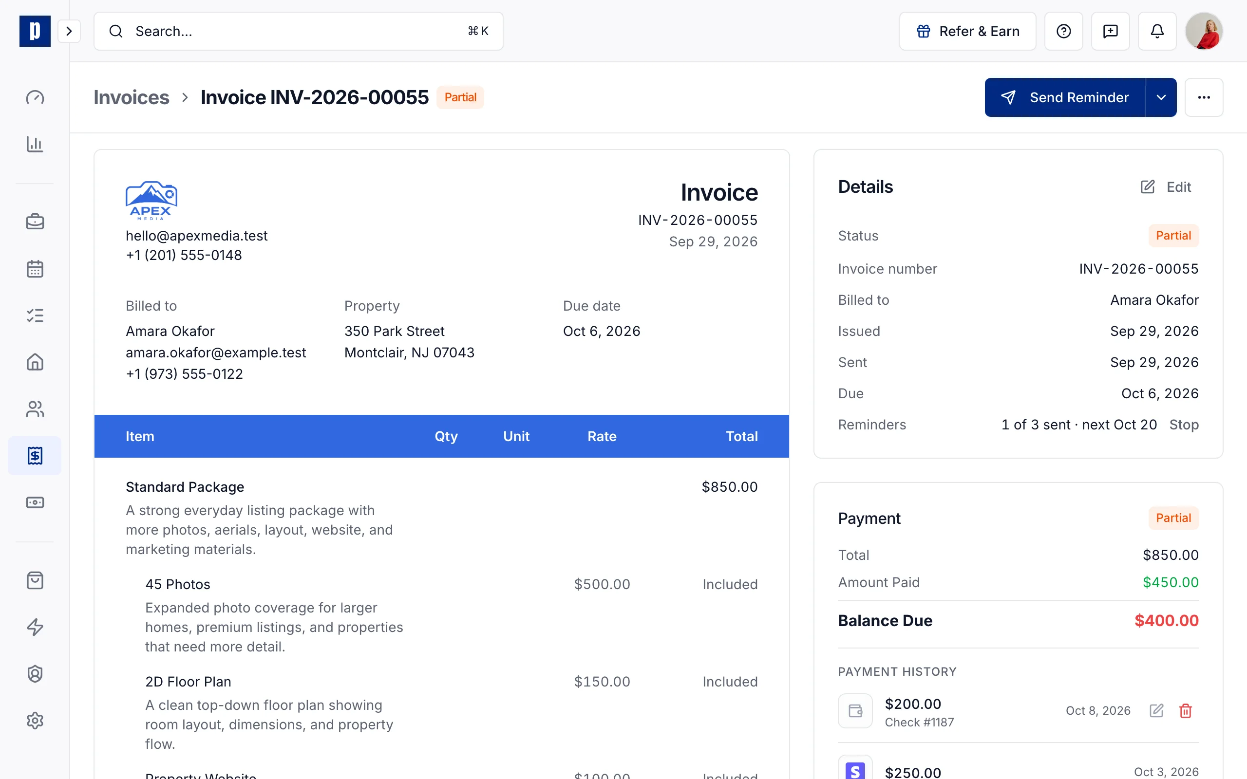 An invoice for 350 Park Street: $450 paid by card and check, $400 still due, and its first reminder sent with the next on Oct 20