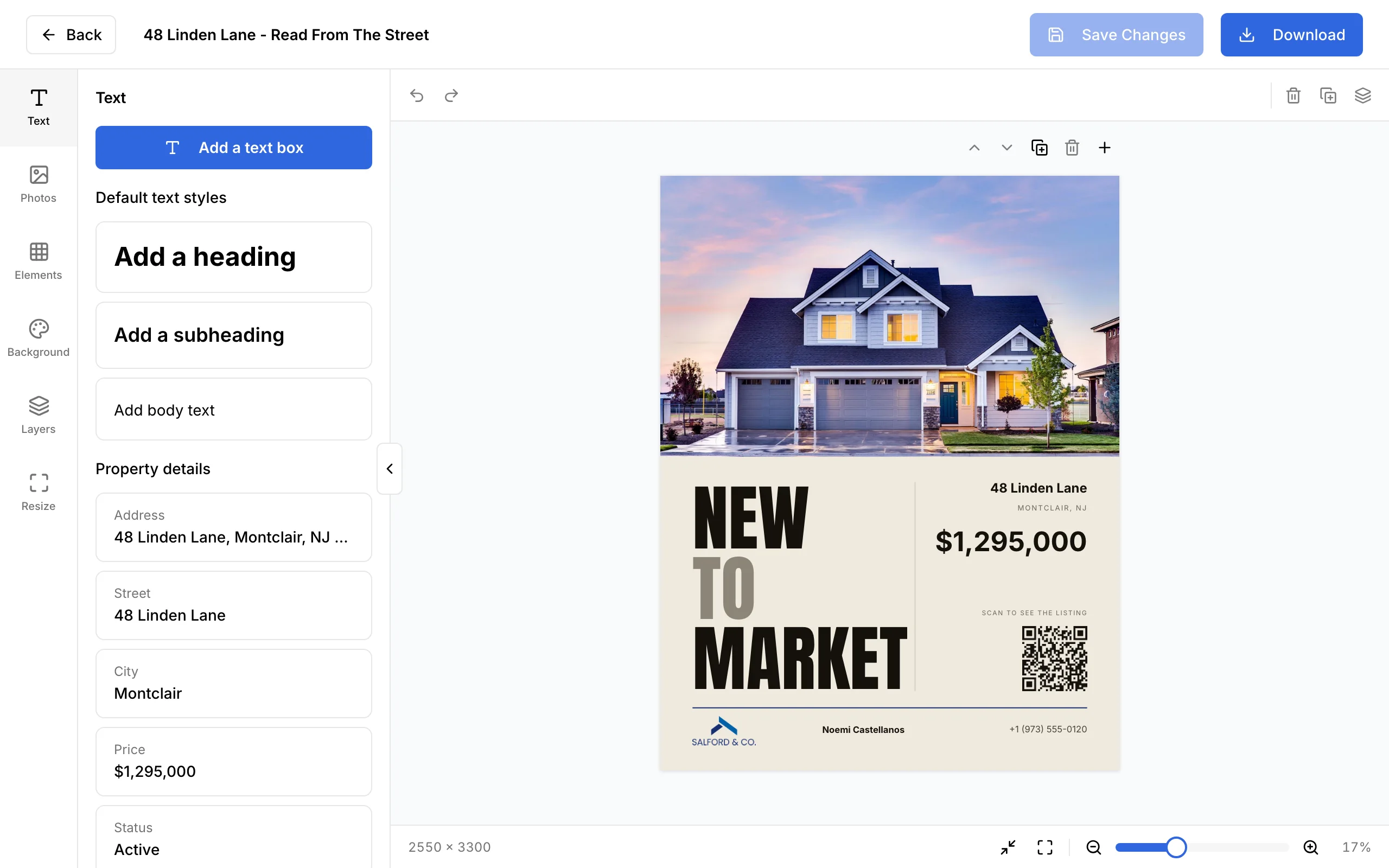 The design editor: a Just Listed flyer for 48 Linden Lane, with the listing's address, price, and facts in the Text panel beside it