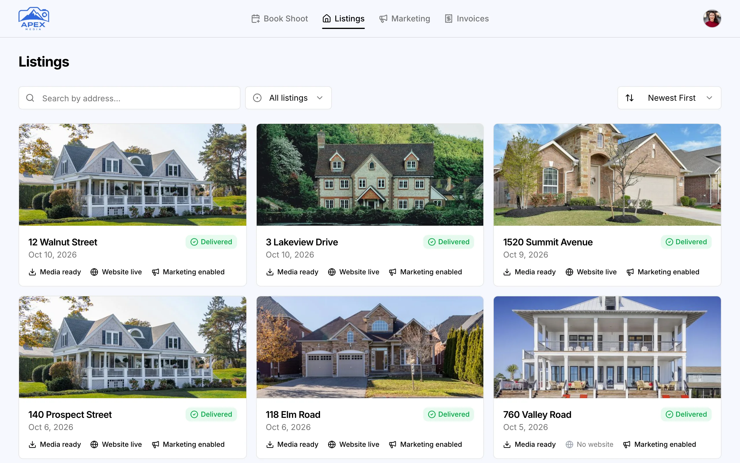 An agent's listings in the client portal: six delivered listings, each with its media, website, and marketing