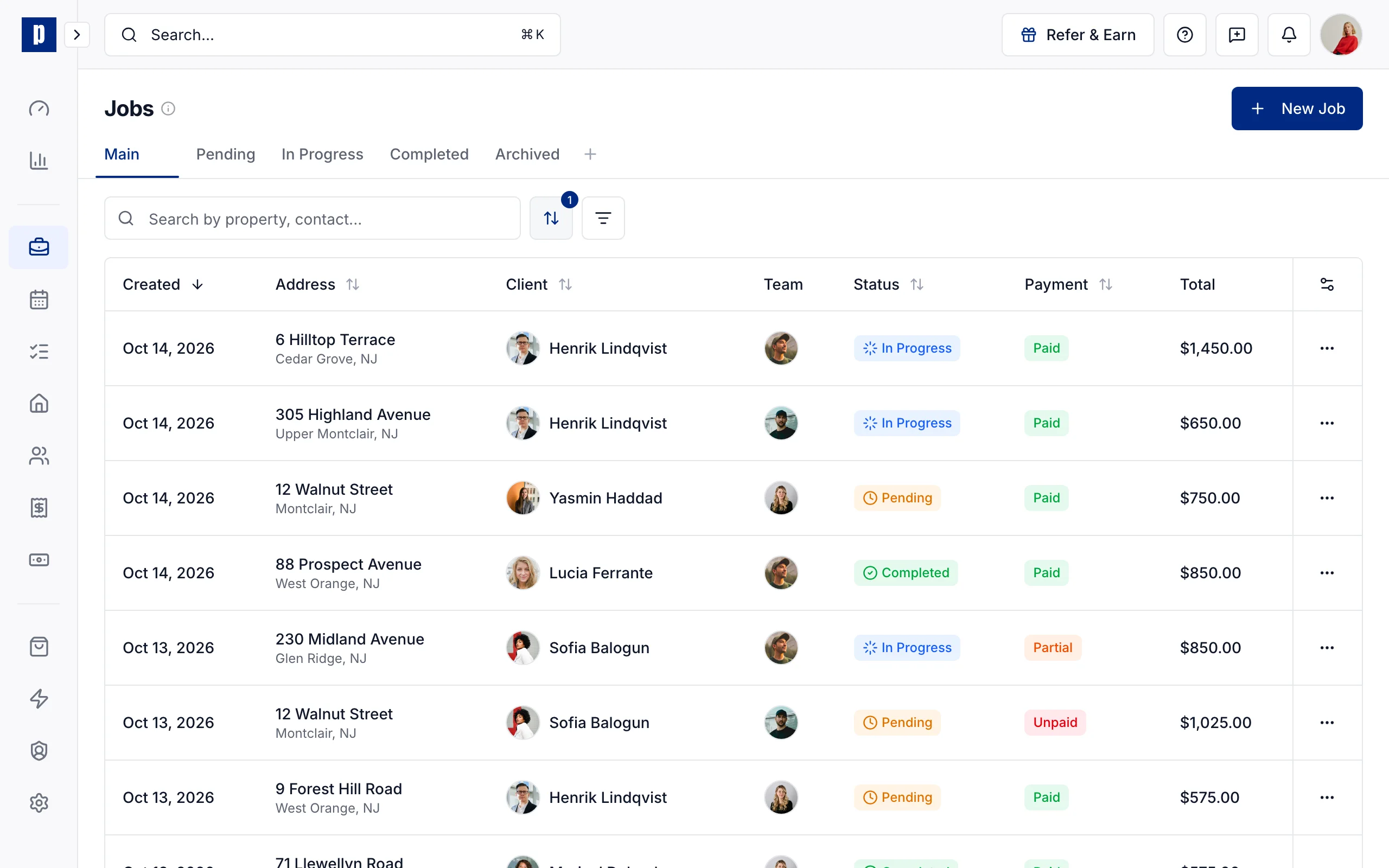 The jobs list: each job's date, address, client, photographer, status, payment, and total