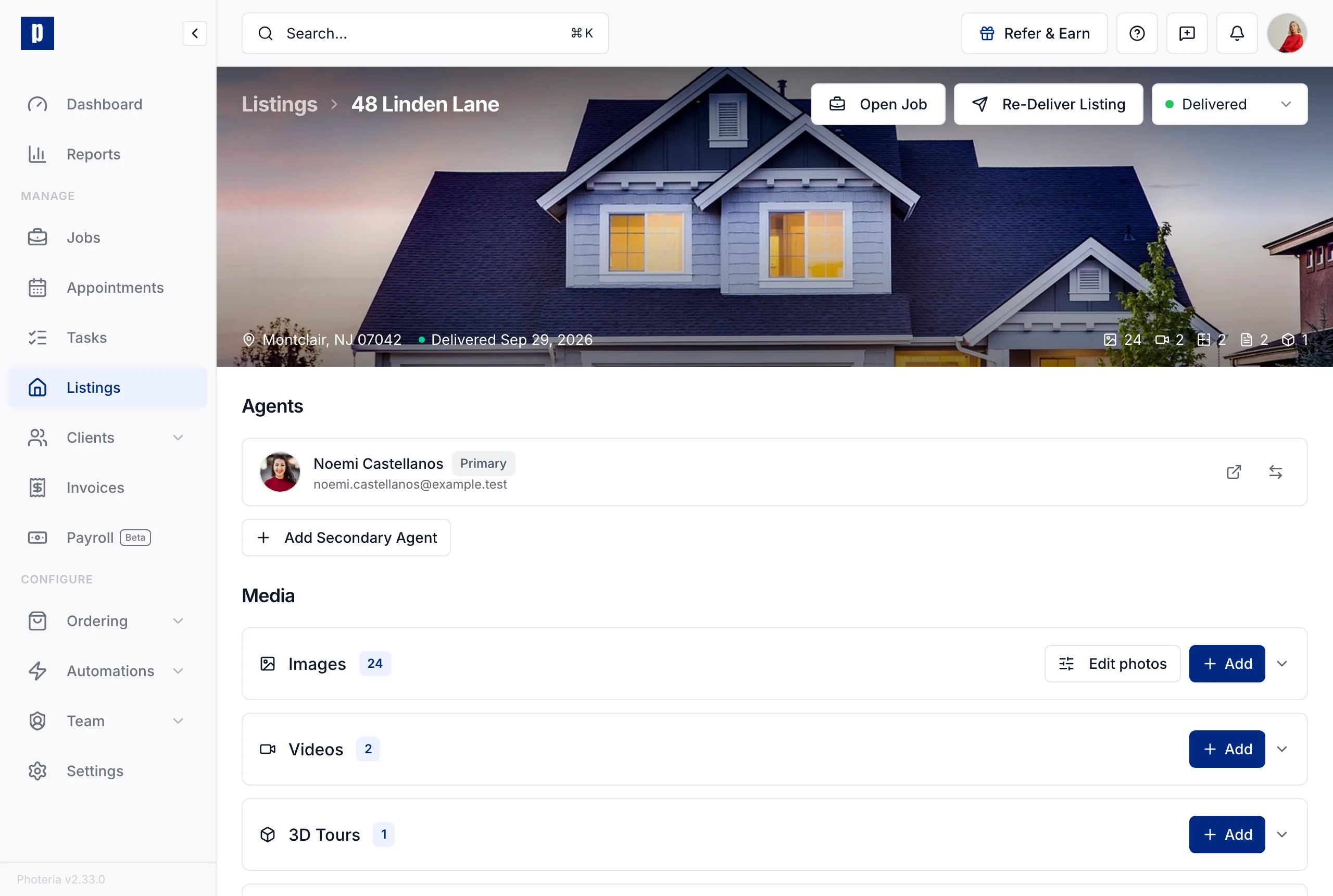 The studio's listing page for 48 Linden Lane, delivered, with the Re-Deliver Listing button