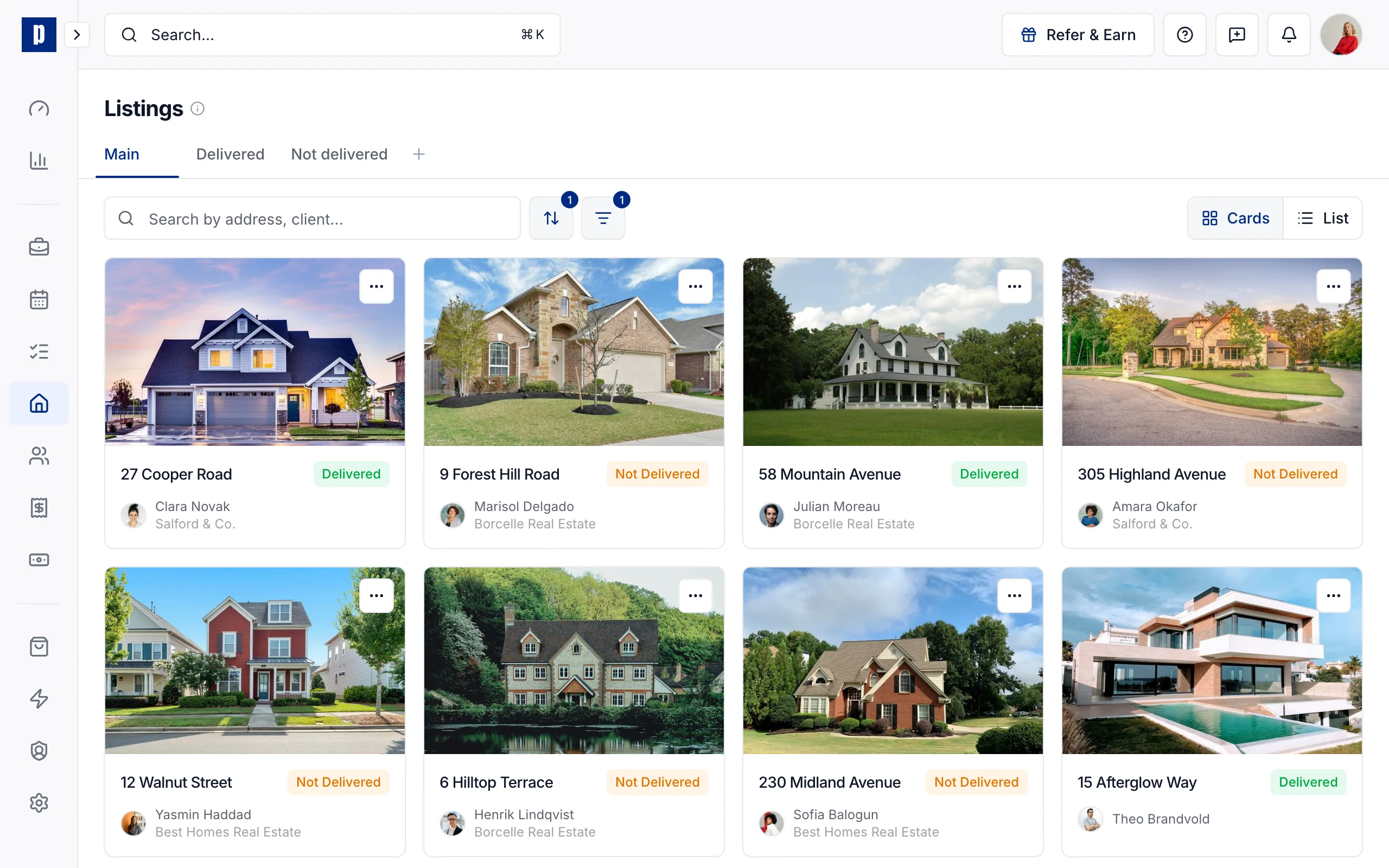 The listings page: a card for each property with its photo, agent, brokerage, and whether it is delivered