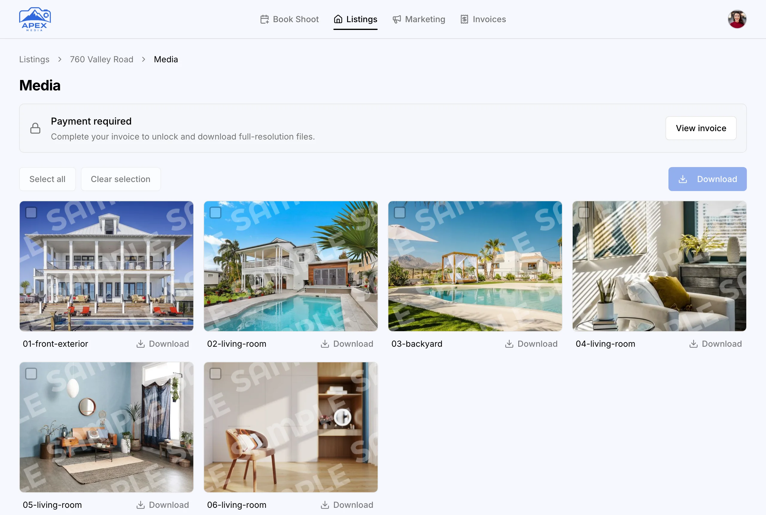 An agent's media page waiting for payment: a Payment required notice, watermarked previews, and downloads turned off