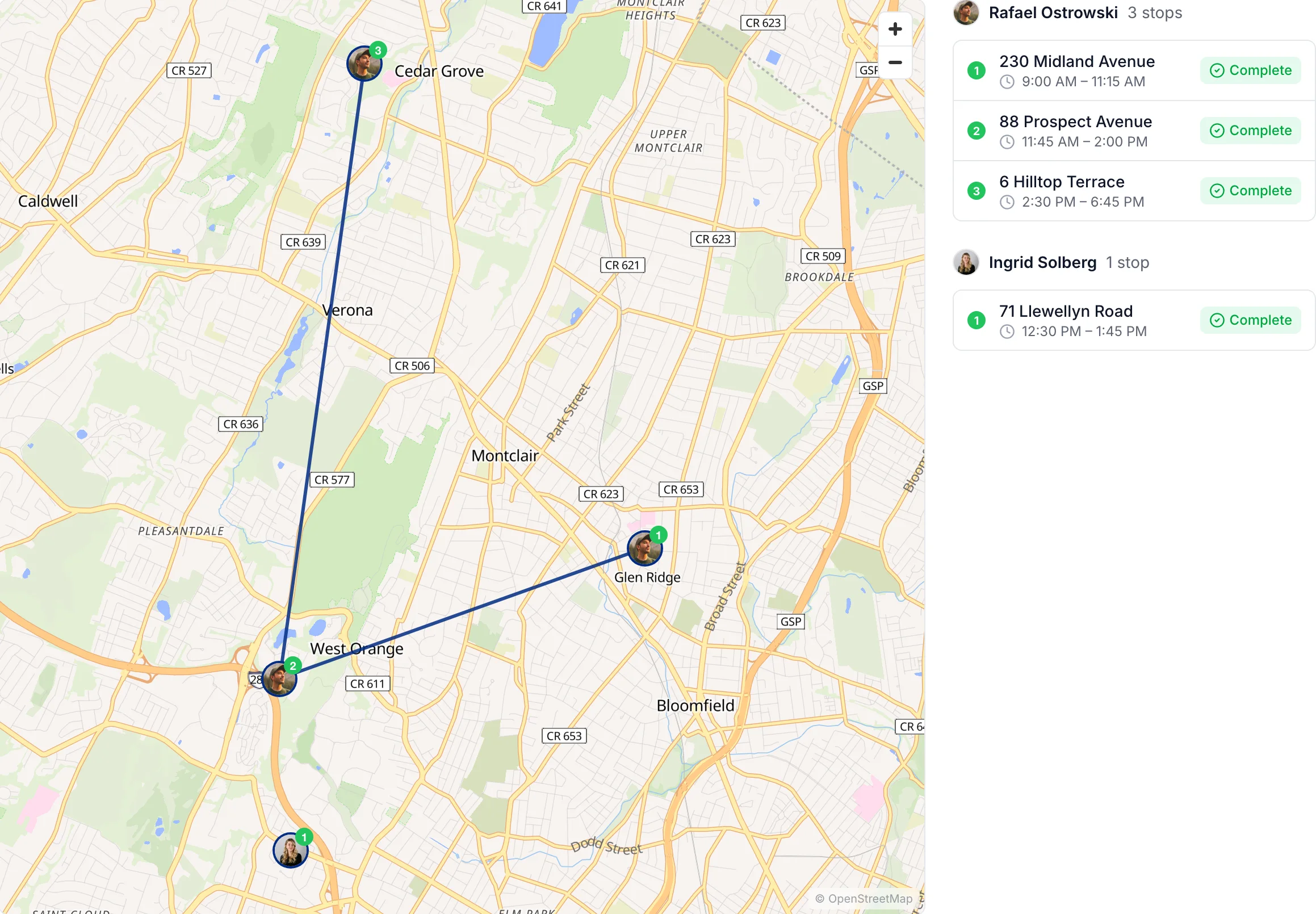 Tuesday on the map: Rafael's three stops in order, with the route between them and the stop list beside it