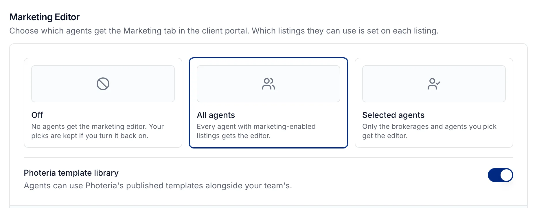Marketing Editor: Off, All agents, or Selected agents, and the Photeria template library switch