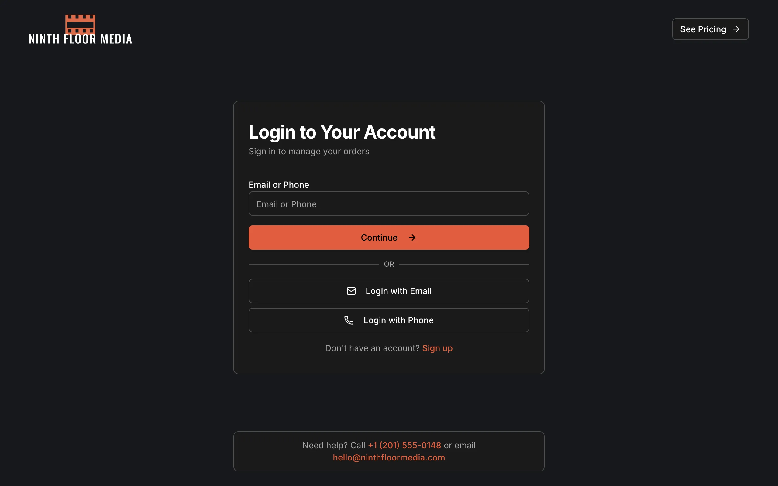 Ninth Floor Media's login page: a dark page with an orange Continue button