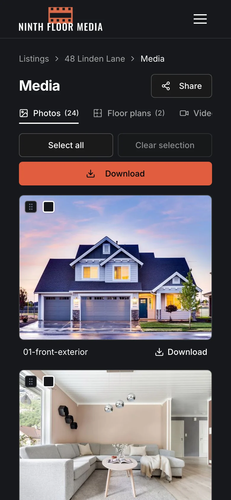 The same photos on a phone in dark mode, under Ninth Floor Media's logo, with an orange Download button