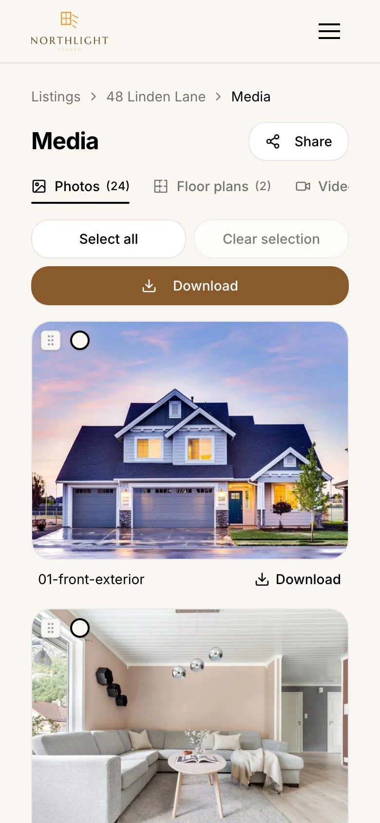 The same photos on a phone, under Northlight Studio's logo, with a brown, pill-shaped Download button