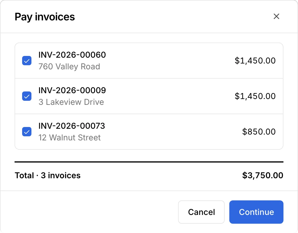 Pay invoices: three invoices ticked, $3,750.00 in total