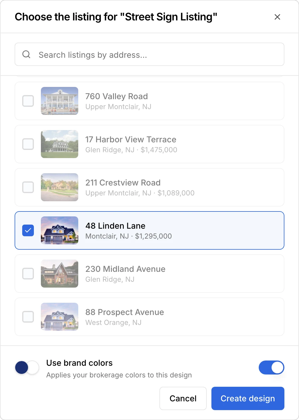 Choose the listing for Street Sign Listing: 48 Linden Lane picked, and Use brand colors on