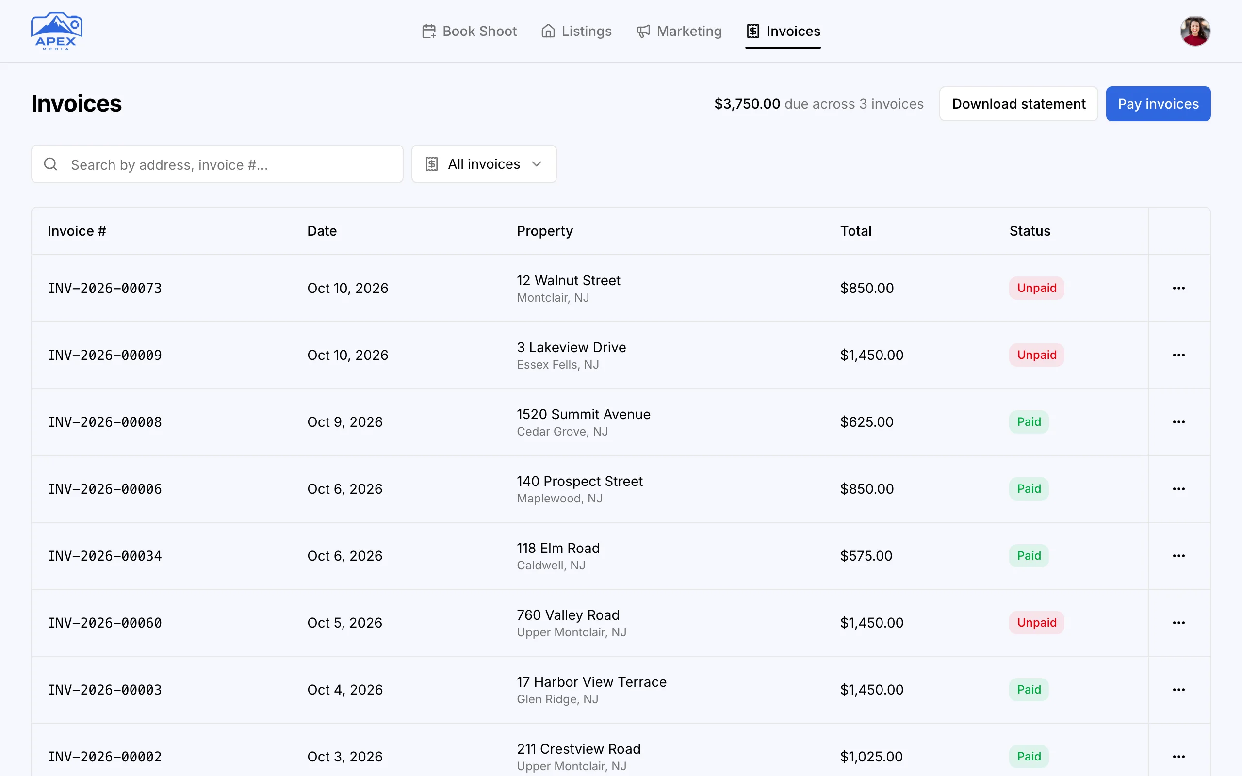 The agent's invoices in the client portal: $3,750.00 due across 3 invoices, with Download statement and Pay invoices