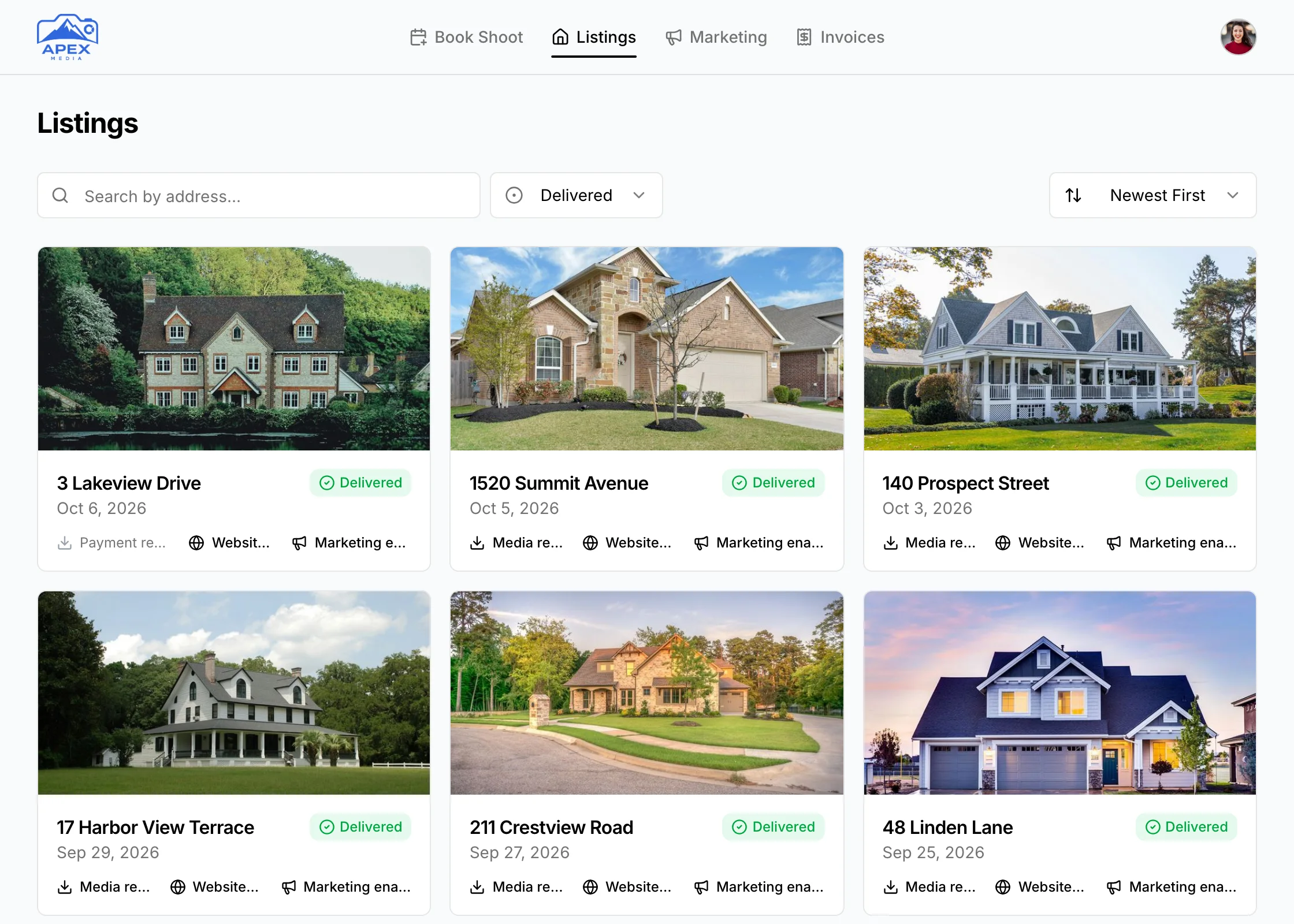 An agent's listings in the client portal, each delivered with its media, website, and marketing ready