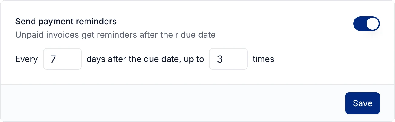 Send payment reminders: every 7 days after the due date, up to 3 times