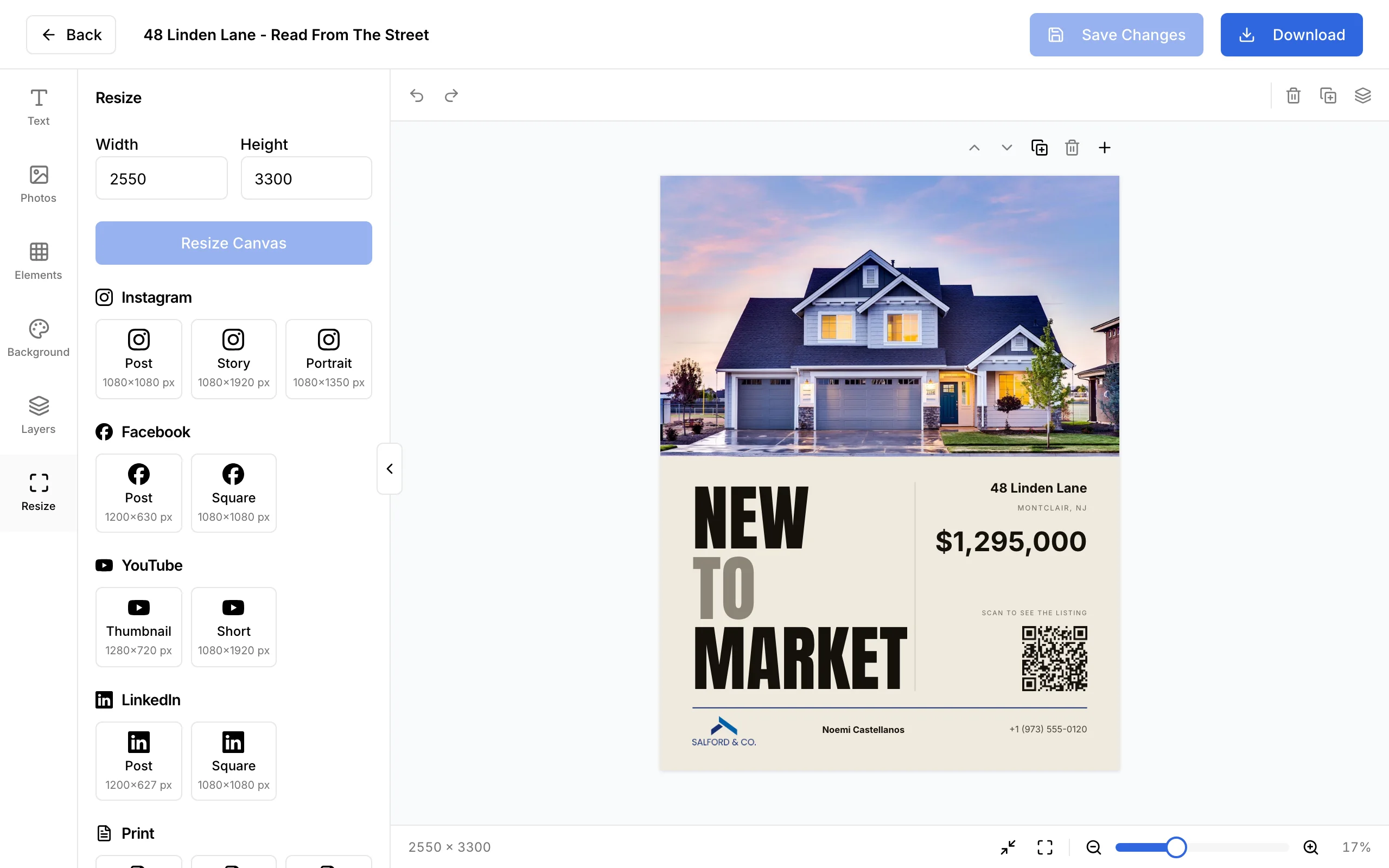 The editor's Resize panel, with sizes for Instagram, Facebook, YouTube, LinkedIn, and print beside 48 Linden Lane's flyer