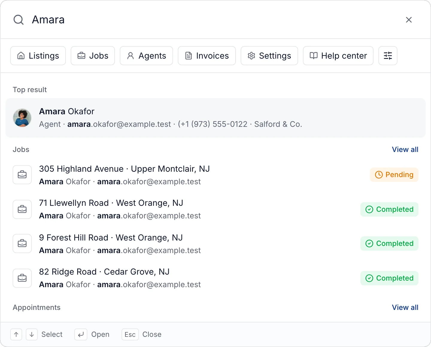 Search for "Amara": her agent record, then her jobs with their status