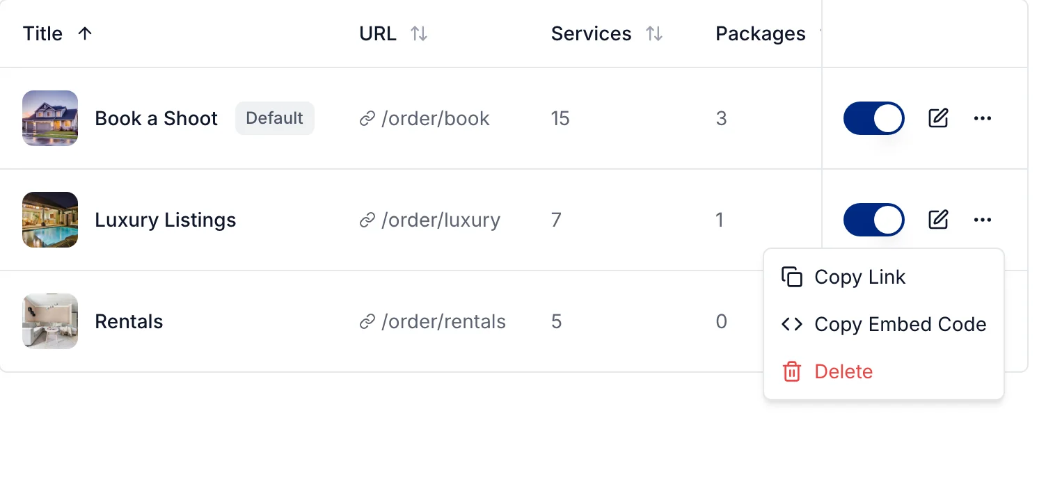 The order forms, with the menu to copy the link or the embed code open