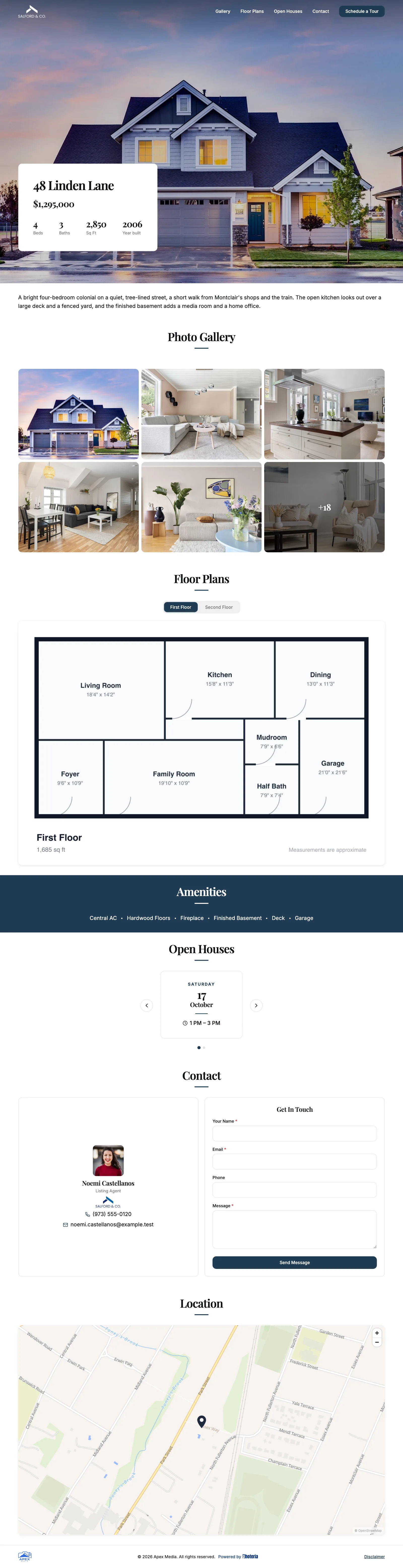 48 Linden Lane's whole website: the photo, price, and facts, then the gallery, floor plans, amenities, open houses, the agent, and the map